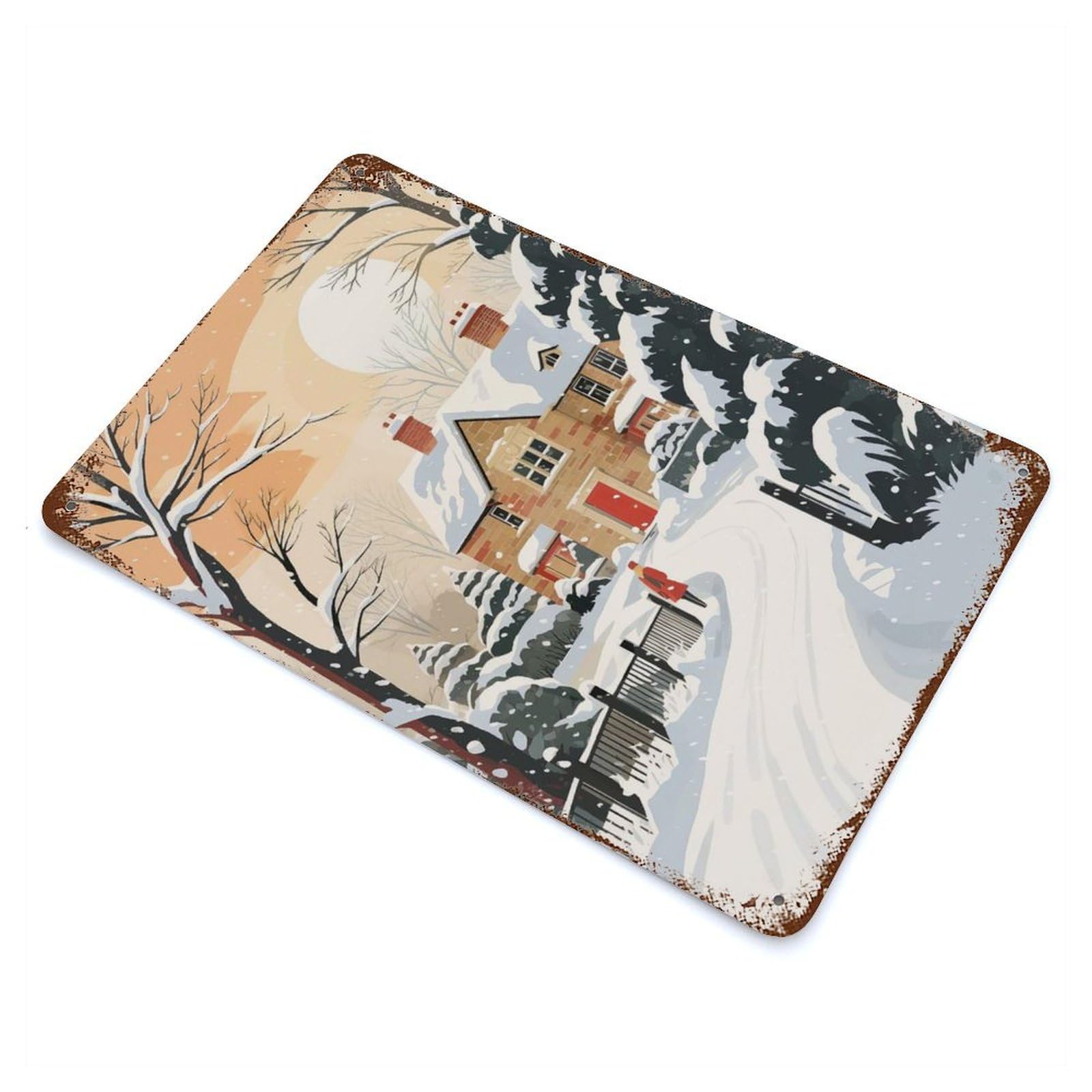 Rust Effect Snowy Village Serenity Vintage Rust Metal Sign 11.8"x7.9", Classic Wall Plaque for Shed, Workshop And Garage Wall Decor