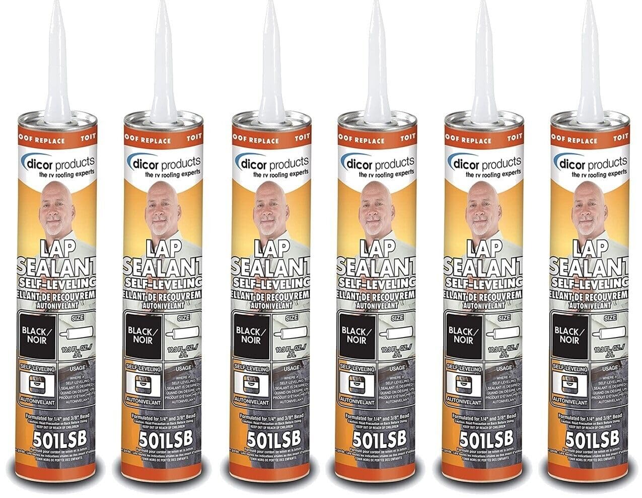 Dicor 501LSB-1, Self-Leveling Lap Sealant, RV Roof and Repair, Black, 10.3 OZ Tube, Pack of 6