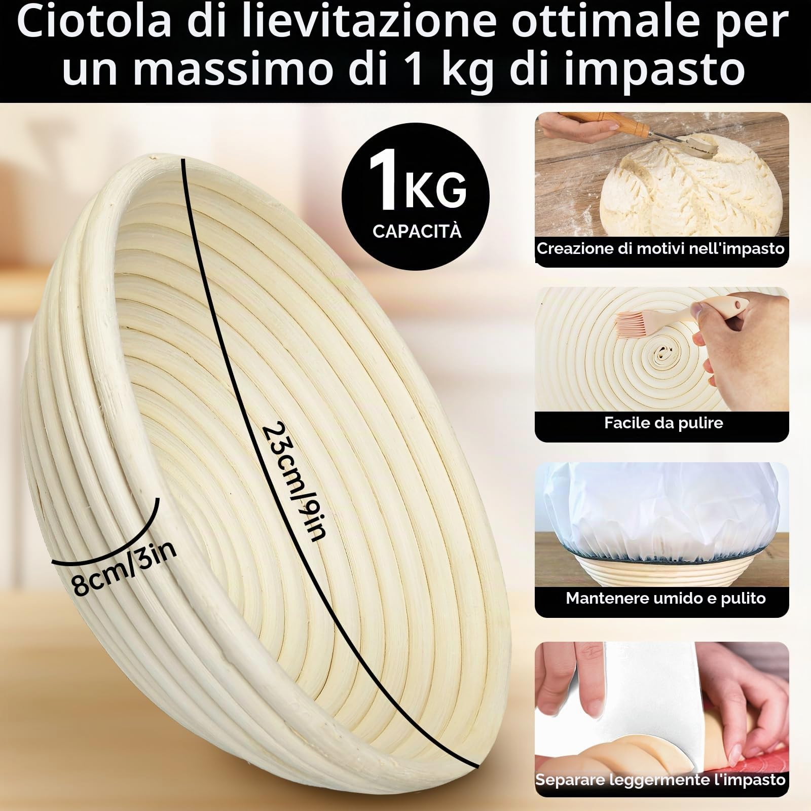 Set di Cestino da Lievitazione per Pane 23 cm - Rotondo in Rattan Naturale Con Accessori per la Cottura (9")