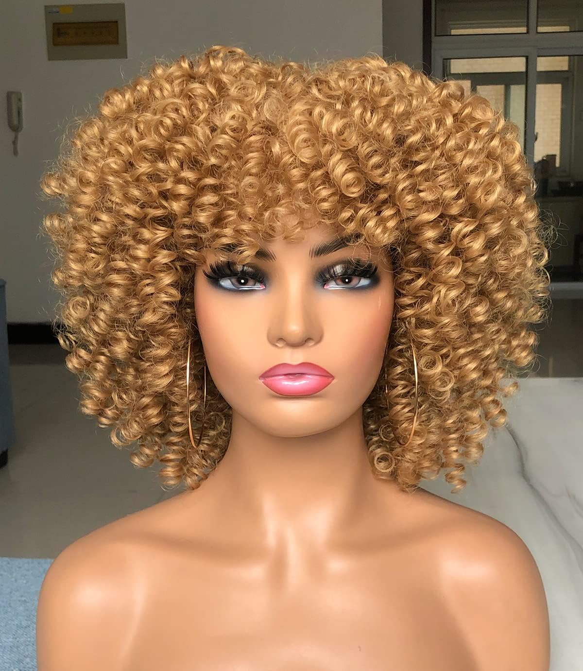 Annivia Curly Afro Wig with Bangs Short Kinky Curly Wigs for Black Women Synthetic Fiber Soft Hair Short Curly Afro Wig (Blonde)