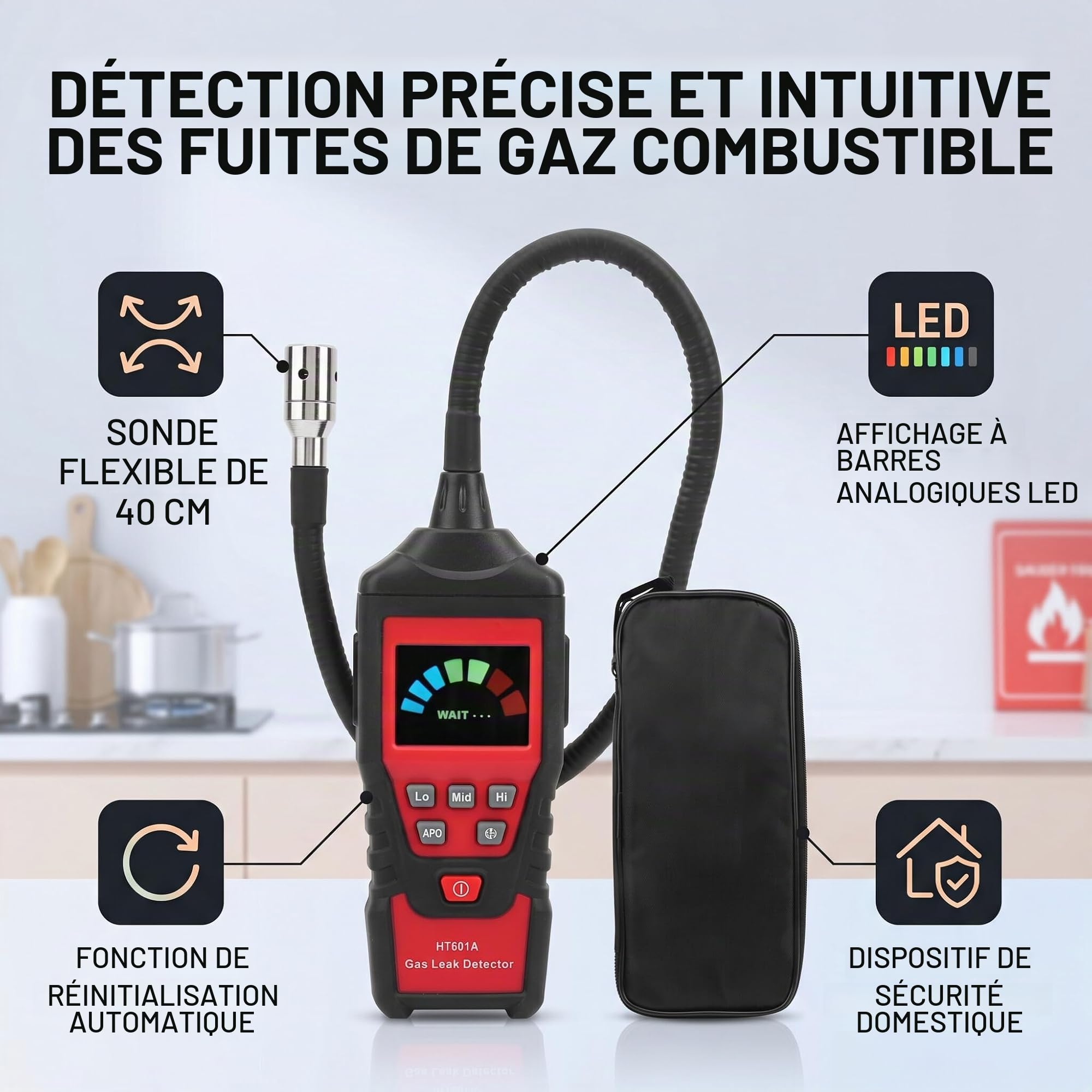 Pièces Détecteur de Gaz Naturel Analyseur de Fuite de Gaz Combustion HT601A Portable LED Testeur de Gaz