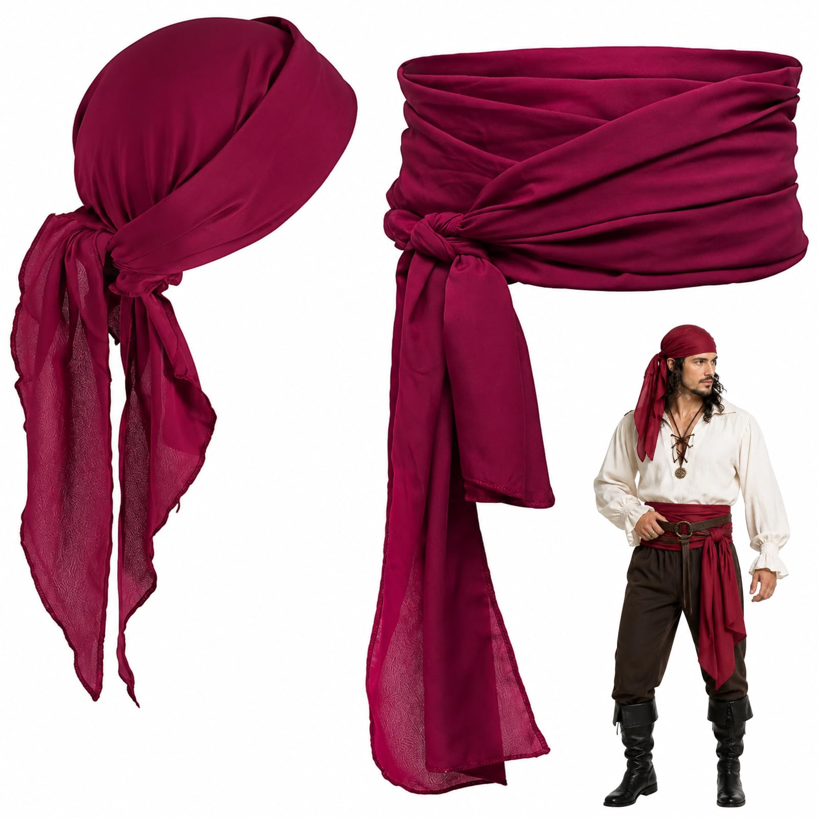 Red Pirate Costume Headband and Belt Set, Polyester-Cotton, 2-Piece