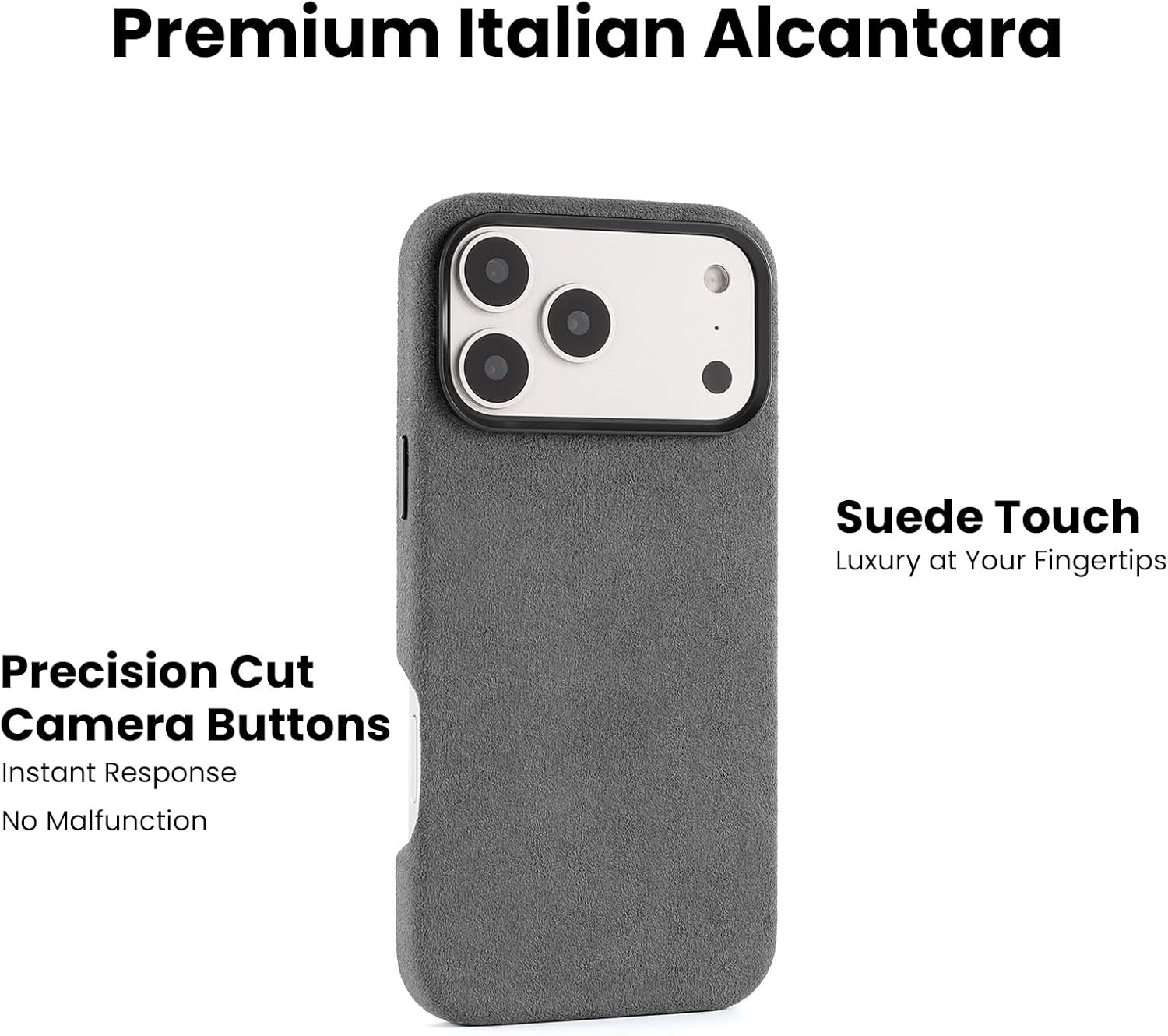 Alcantara Phone Case for iPhone 17 Pro Max 6.9", Compatible with Mag-Safe Wireless Charging, Handmade Full-Wrap Italian Synthetic Suede Cover (Gray)