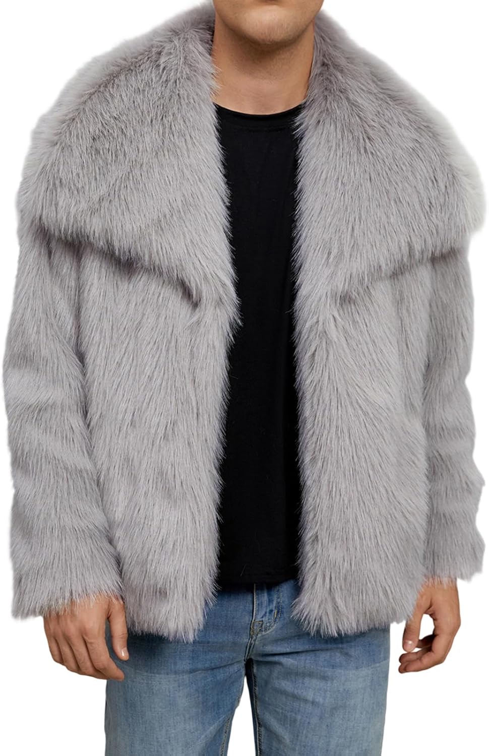 Men's Fashion Warm Thick Jacket Coat Faux Fur Open Front Fluffy Overcoat Halloween Costumes Winter Coat Long Trench
