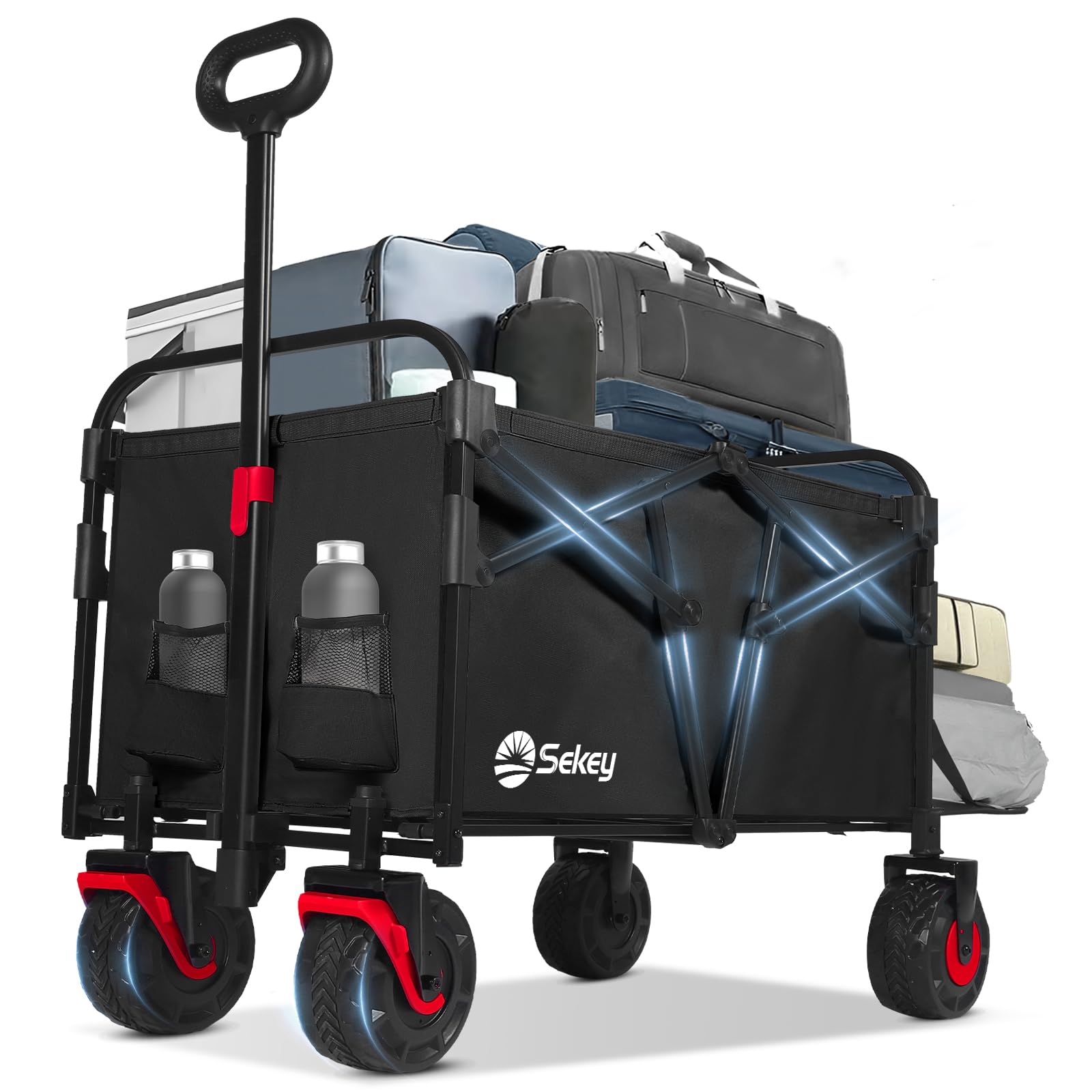 Sekey Bollerwagen Faltbar XXL 200KG 155L, Breite Blasformräder Speziell als Faltbarer Bollerwagen Strand, Strandwagen Klappbar mit Heckklappe, Diamant 2001, Schwarz