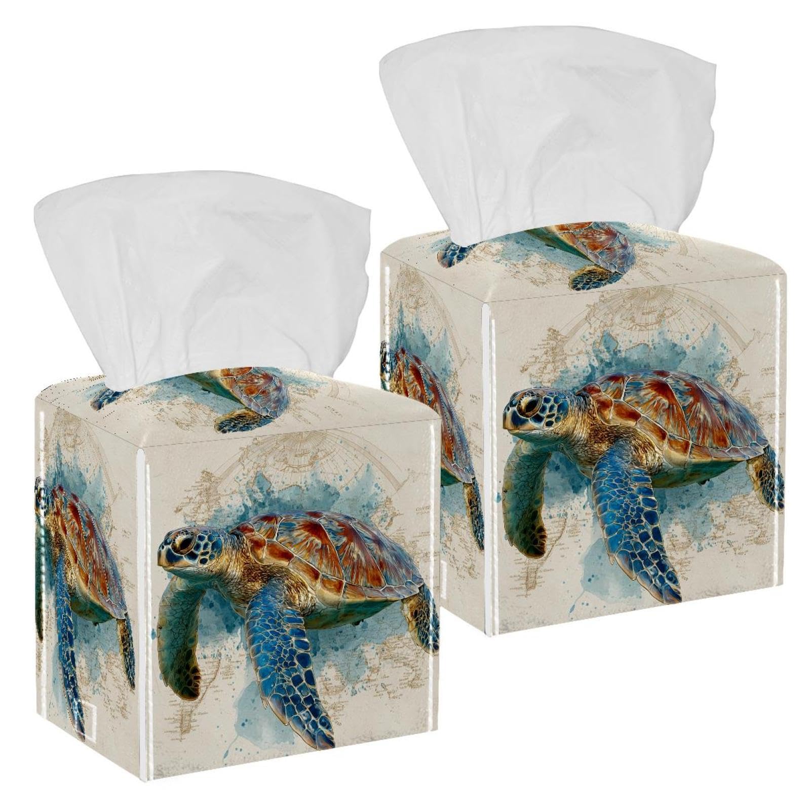 Sea Turtle Tissue Box Cover, 2 Pack PU Leather Square Facial Tissue Dispenser Box holder for Home Office Car