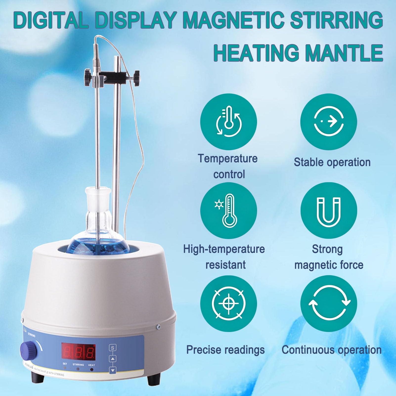 Manta Calefactora Digital con Agitación Magnética, 300℃ 500ml | Manto Calefactor Electrotérmico Electromantles Pantalla Digital y Control Temperatura, para Agitación Calentamiento Líquidos