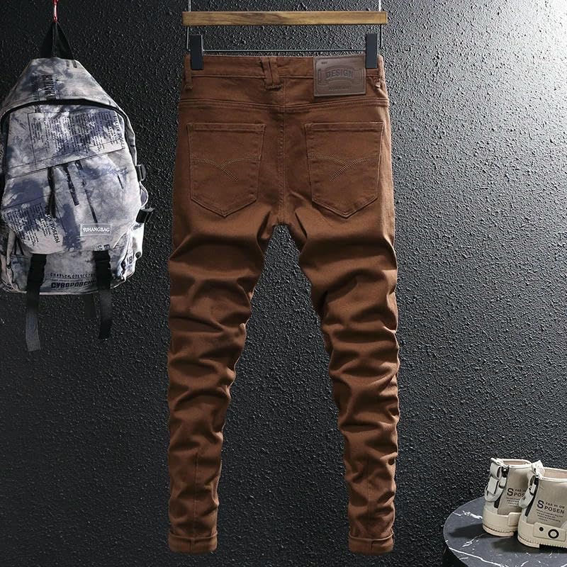 Mens Jeans Khaki Brown Elastic Slim Fit Stretch Jeans Men Vintage Trousers Korean Simple Casual Denim Pants3