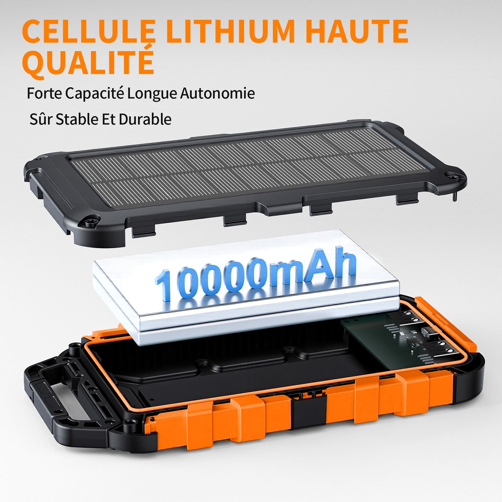 Batterie Externe Solaire 10000mAh PD 22,5W Chargeur Solaire avec 2 Ports USB et Une Entrée USB-C Charge Rapide Solar Power Bank Imperméable Compatible avec Téléphone Tablette Camping, Orange
