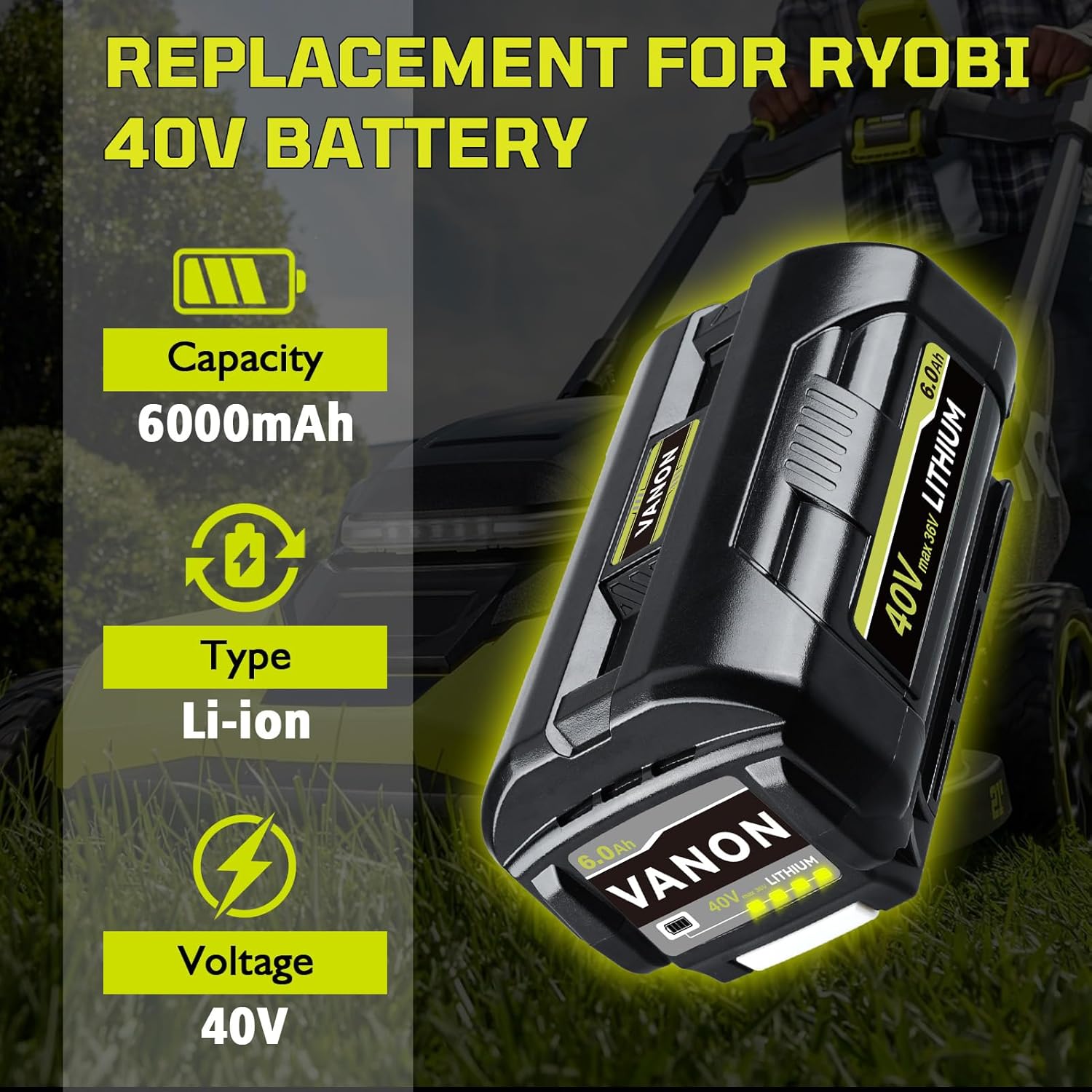 VANON 2 Pack 6.0Ah 40V Lithium Battery Replacement for Ryobi 40V Battery OP4040 OP4040 OP40601 OP4026 OP40261 OP40401 OP40501 OP4015 OP40602 OP40404 OP40603 Compatible with Ryobi 40V Cordless Tools
