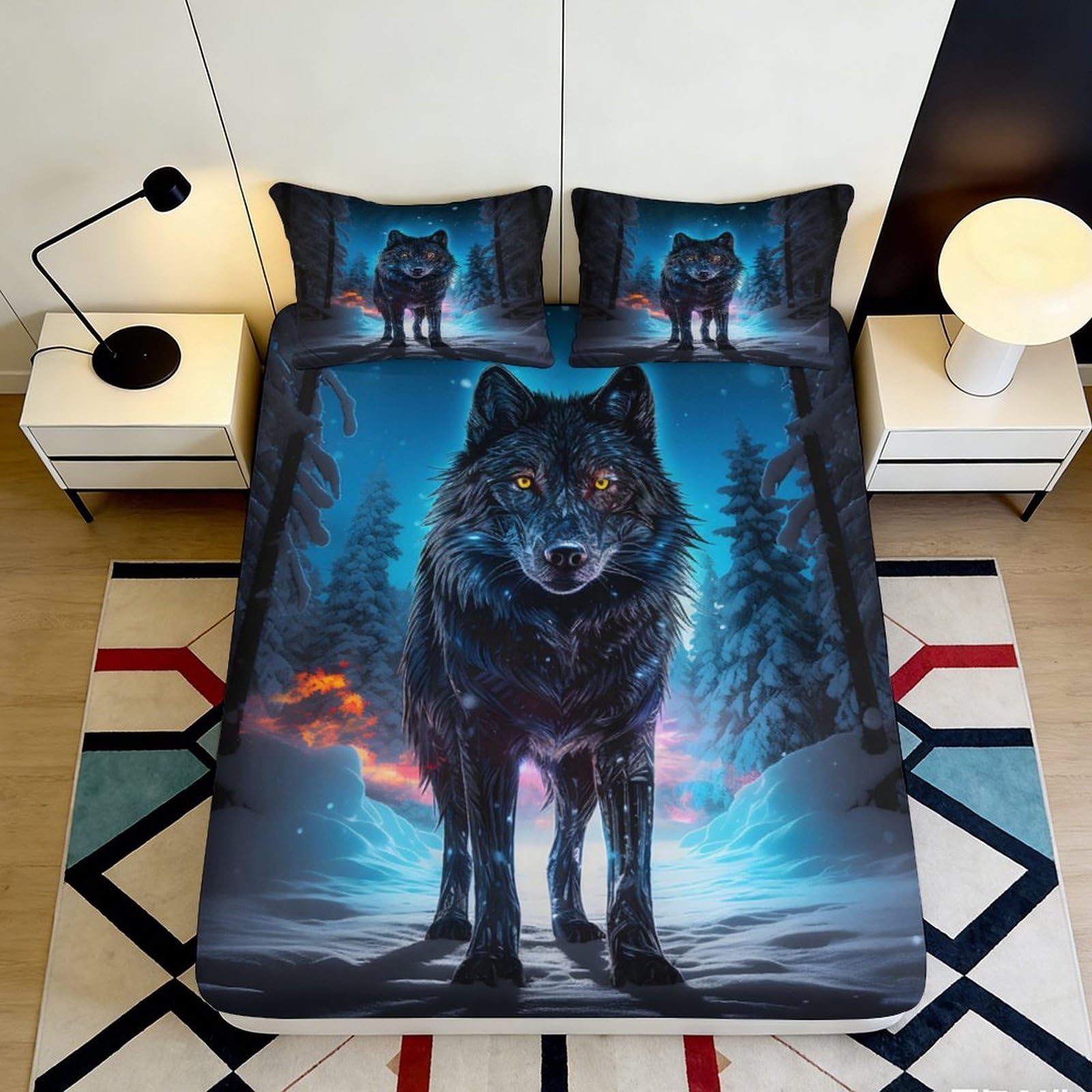 3D Printed Black Wolf Fitted Sheet Microfiber Soft Durable Night Forest Bed Cover for Bedroom Dormitory Guest Room Mattress Protection 200x200x25cm