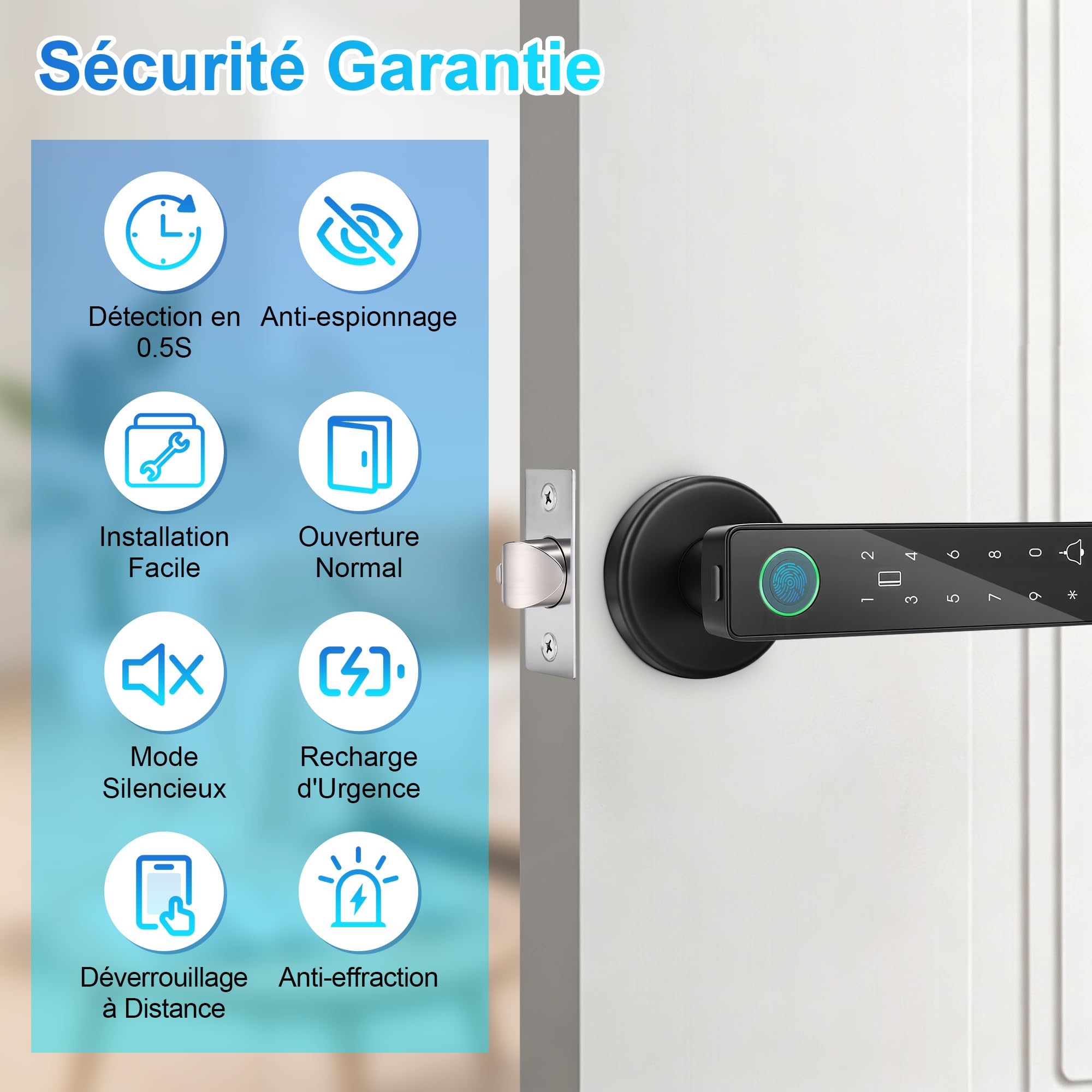 Serrure Connectée, Serrure Porte Biométrique Intelligente, Utilisable avec Empreinte Digitale, Code, Carte à Puce, App et Clé, Système de Sécurité d'Entrée Électronique, Noir