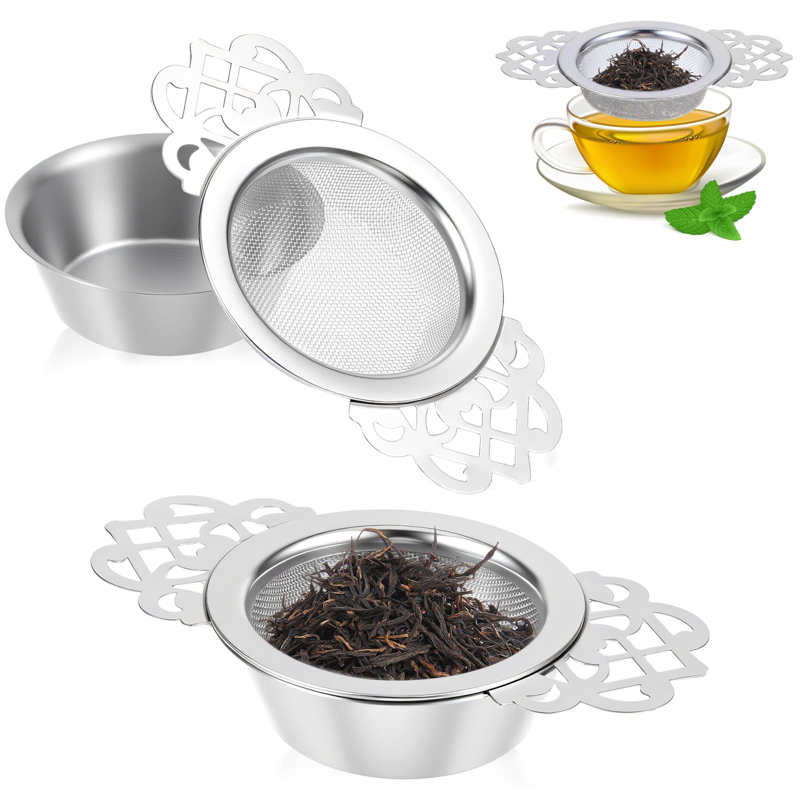 Yuanchu 2 Pack Small Fine Mesh Tea Strainers with Drip Bowls, Stainless Steel Loose Tea Infusers with Double Wing Extender for Coffee Juice Filter