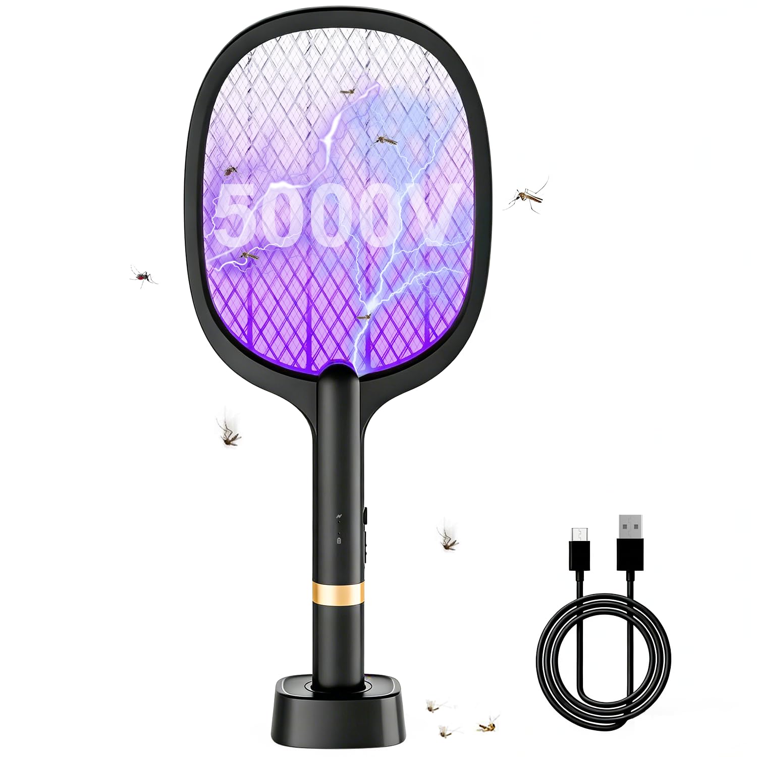 Raqueta Mosquitos Electrica 2 en 1 5000V Mata Mosquitos Electrico USB Recargable 1800mAh pour Intérieur et Extérieur Negro