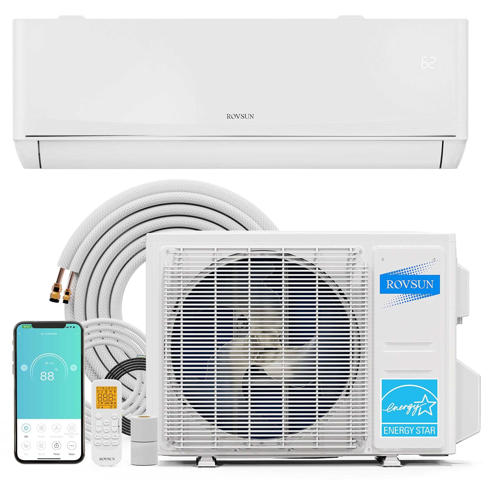 ROVSUN 18,000 BTU Smart WIFI Mini Split AC/Heating System with Inverter & APP Control, 23 SEER2 Ductless Split Air Conditioner with Pre-Charged