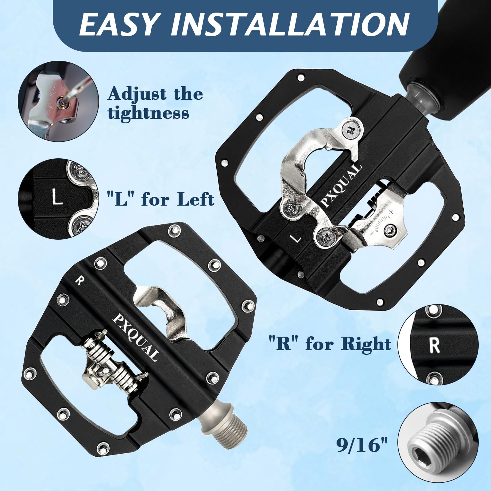 SPD Pedals - Pedales MTB de 9/16 pulgadas, color negro, pedal ligero de doble cara sin clips/plano MTB - Acero cromado, rodamientos sellados y carcasa de aluminio CNC, pedal de bicicleta de