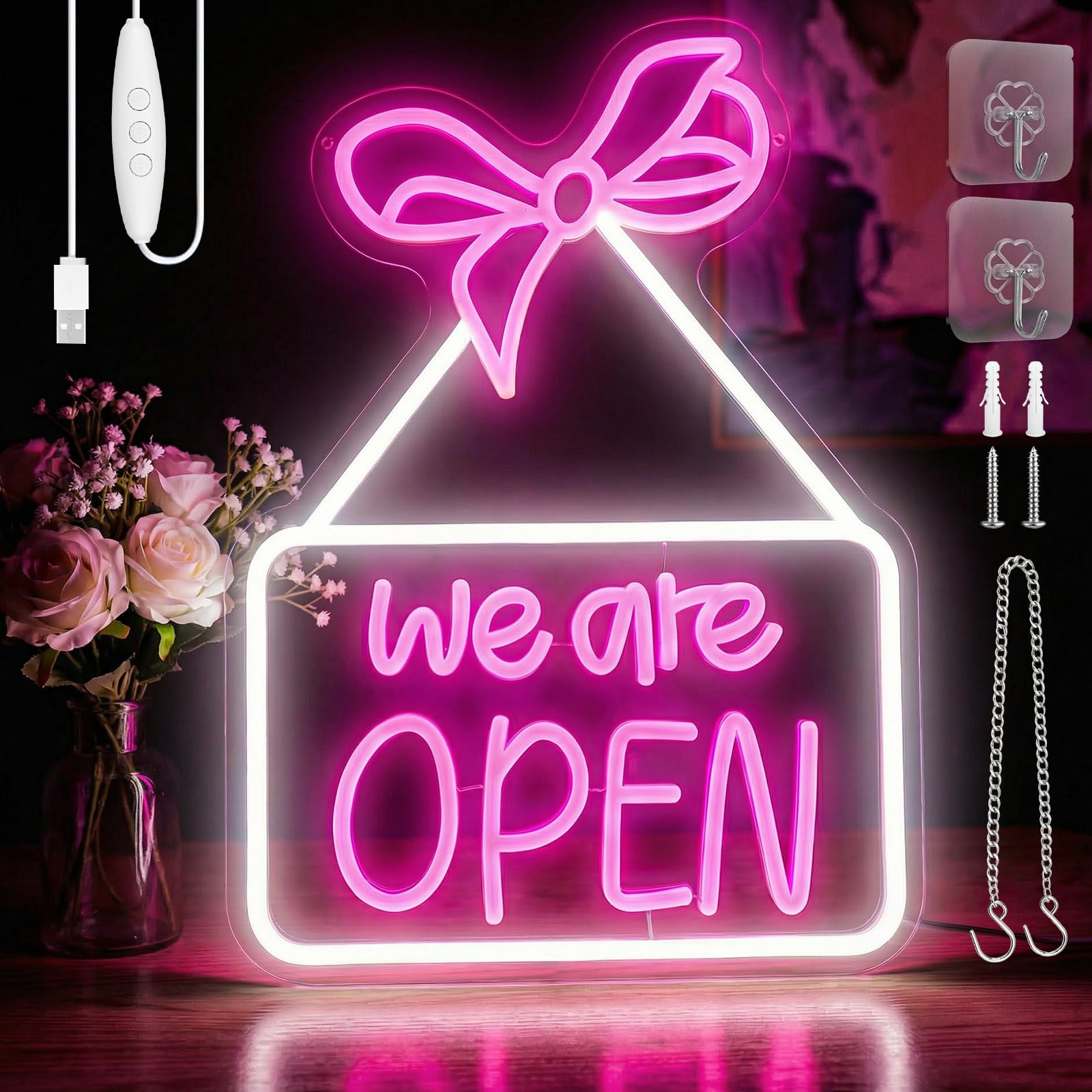 We are open Neon Signs - Open Neon Sign LED Sign for Wall Decor Pink Bow LED Hanging Light Sign USB Powered Dimmable Ultra Bright Light Up Signs for Party, Bar, Stores, Wall, Clubs, Coffee, Hotel