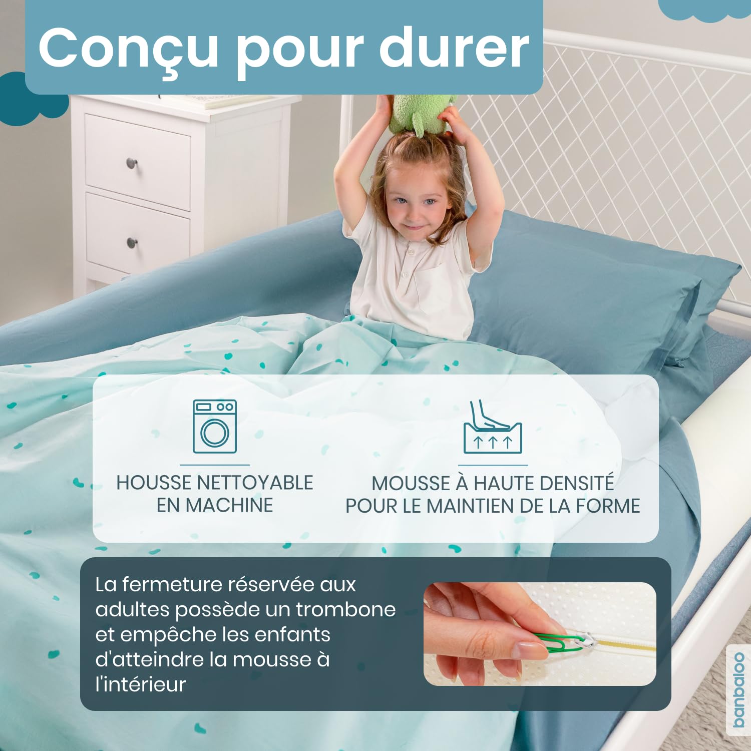 BANBALOO Barrière Pare-Chocs de Lit Garde-Corps Sécurité Mousse Housse Antidérapante Imperméable Système Antichute Enfants Bébés Lits Pliants Coussin Sécurité Passif