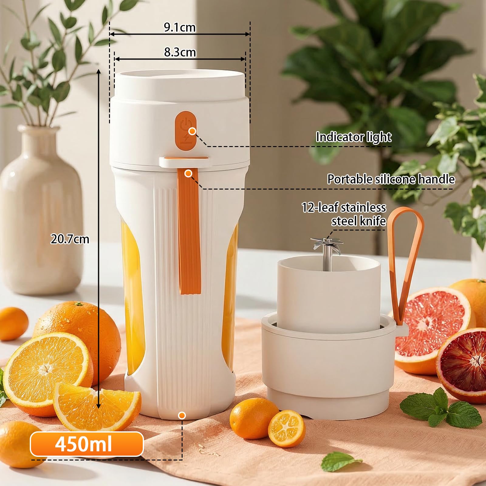 WGIDSKKI Batidora Portátil 450ml para Batidos, Mini Batidora Potente con 12 Cuchillas de Acero Inoxidable, Tapa Hermética y Recargable vía Type-C, Fitness y Hogar, Compacta, Sin BPA - Naranja — view 2