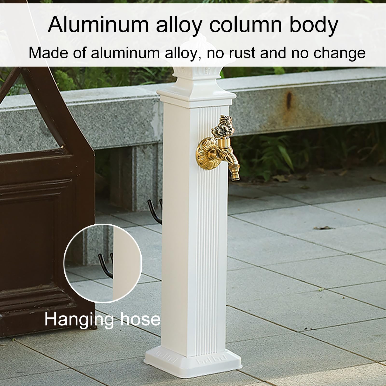 Colonne d'eau carrée verticale pour jardin avec robinet en cuivre, fontaine décorative d'extérieur et support de tuyau d'arrosage, borne d'arrosage sur pied pour patio/jardin, blanc (9, 17*7