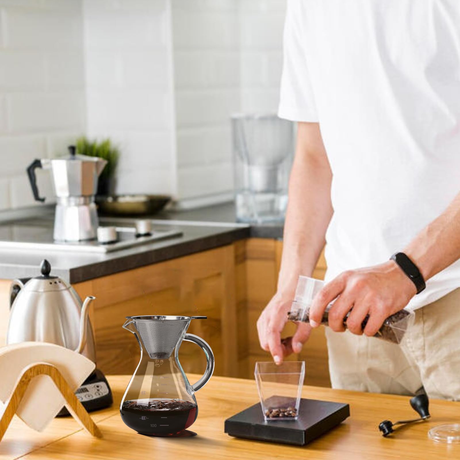 Cafetière Manuelle, 400ml Verre Cafetière Filtre avec Filtre Café Permanent et Poignée Résistante à la Chaleur, Permet de Préparer Jusqu'à 2 à 3 Tasses pour la Maison