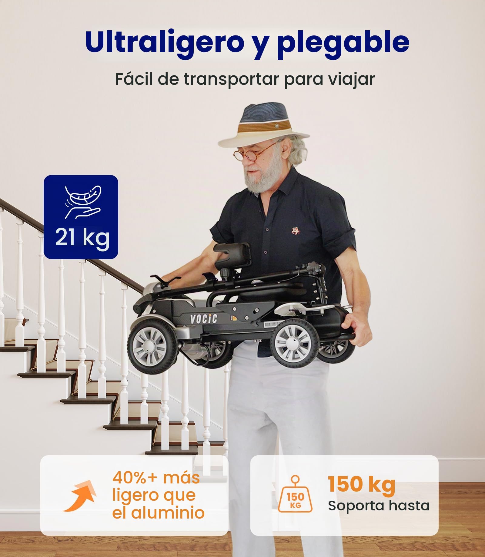 VOCIC D71 Scooter de movilidad para mayores de carbono plegable 21 kg | Marco ajustable, soporta hasta 150 kg, hasta 20 km de autonomía y apto para viajar en avión (plata)
