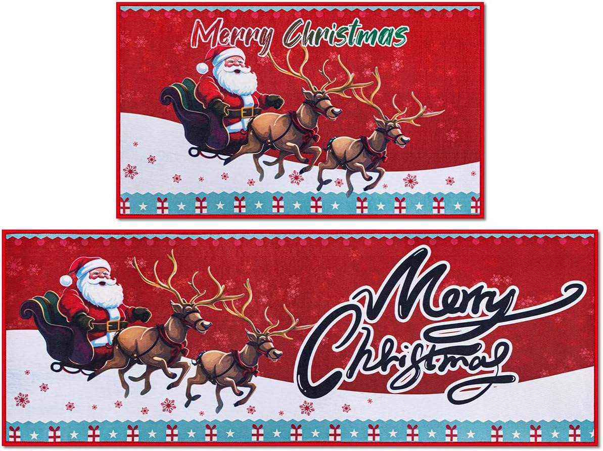 Christmas Kitchen Rugs, Set of 2 Kitchen Floor Mat Christmas Decorations for Home, Non-Slip Anti Fatigue Kitchen Mats (17"x47"+17"x29", Reindeer & Santa Claus)