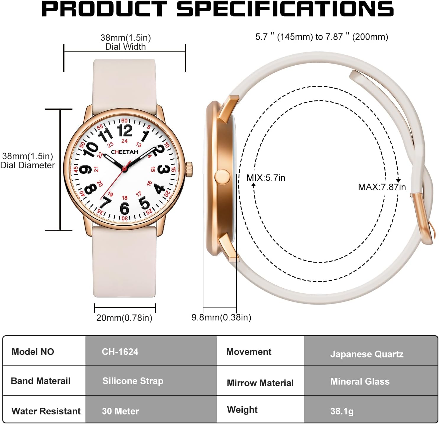 CHEETAH Nurse Watches for Men Women Medical Professionals, Students with Luminous Easy Read Dial, Second Hand 24 Hour, Waterproof Silicone Band - Image 3