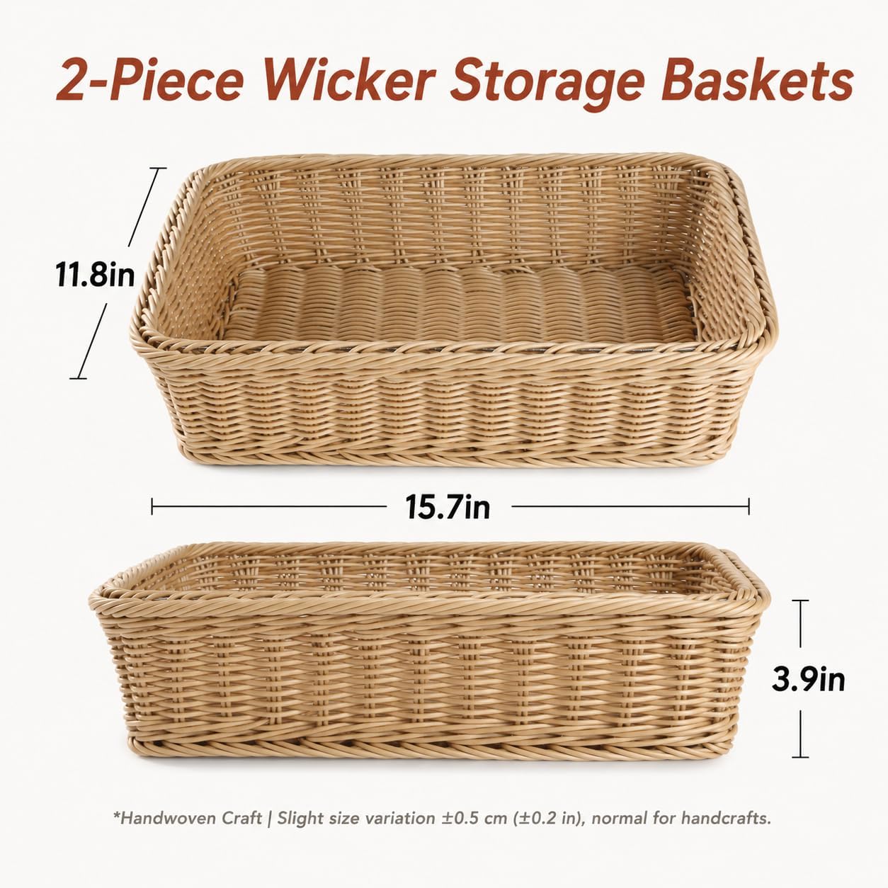2 Pack Imitation Rattan Storage Baskets, 15.7×11.8 Inch Light Beige Rectangular Woven Basket, Washable Shallow Plastic Fruit Vegetable Bread Basket, Baskets for Shelves, Kitchen Pantry Organizer