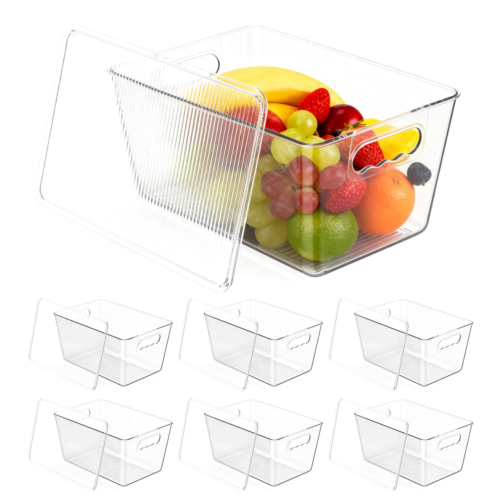 6er Pack Kühlschrank Organizer mit Deckel Bins 29x19x15 cm | Versiegelte & stapelbare Aufbewahrungsbehälter mit Deckel & Griffen. Ideal für Küche, Gefrierschrank & Vorratskammer.