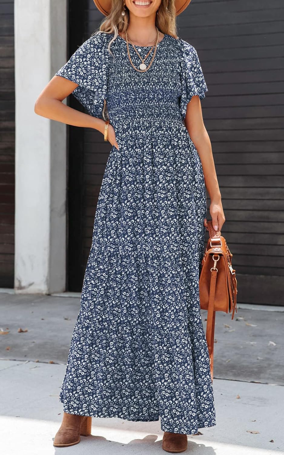 PRETTYGARDEN Women's 2026 Spring Casual Flutter Short Sleeve Boho Floral Maxi Dress Crew Neck Smocked Tiered Long Dresses - Image 3