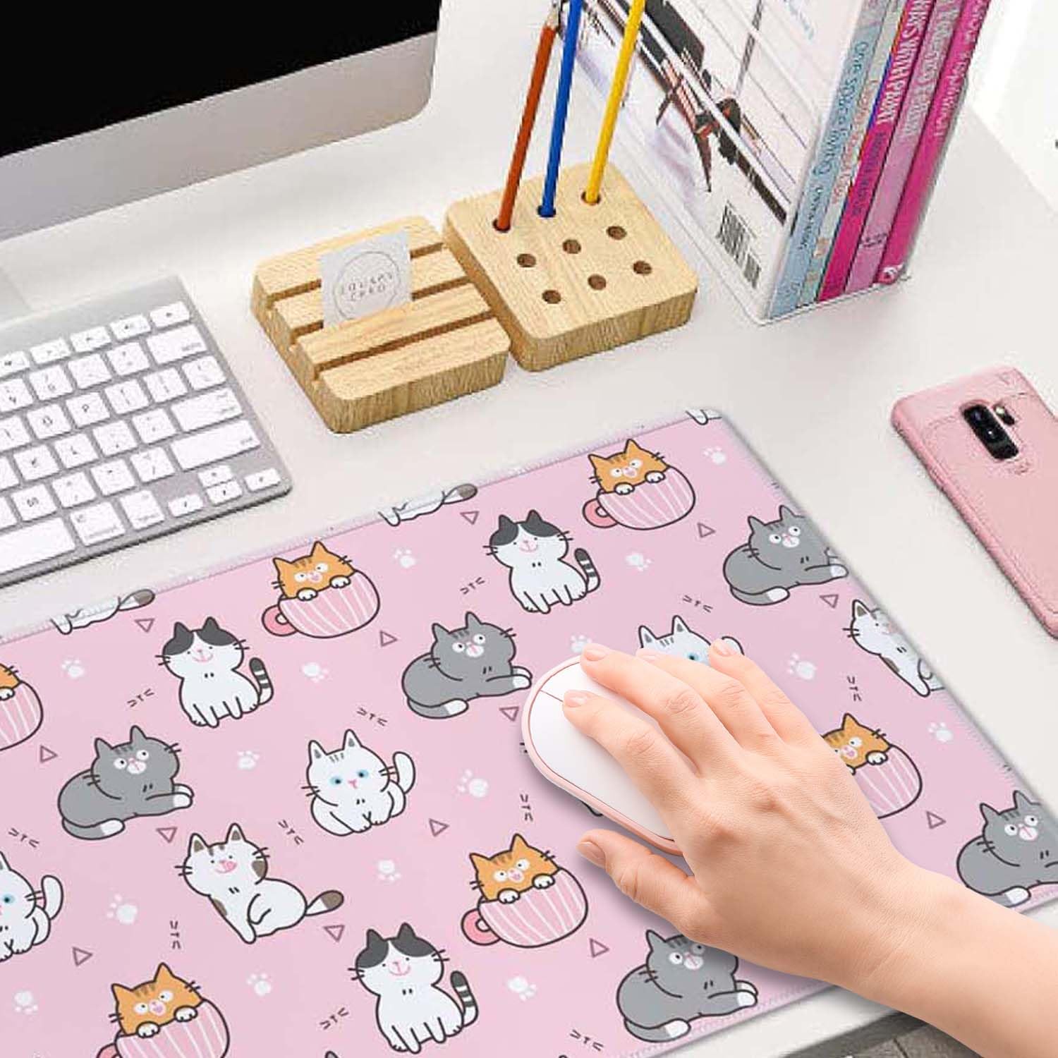 White And Gray Cats Large Gaming Mouse Pad For Desk,XL Big Mouse Pad Desk Xl Big Desk Matcute Mousepad Non Slip Base Stitched Edge Keyboard Mat Home Office Work 31 5 X 11 8