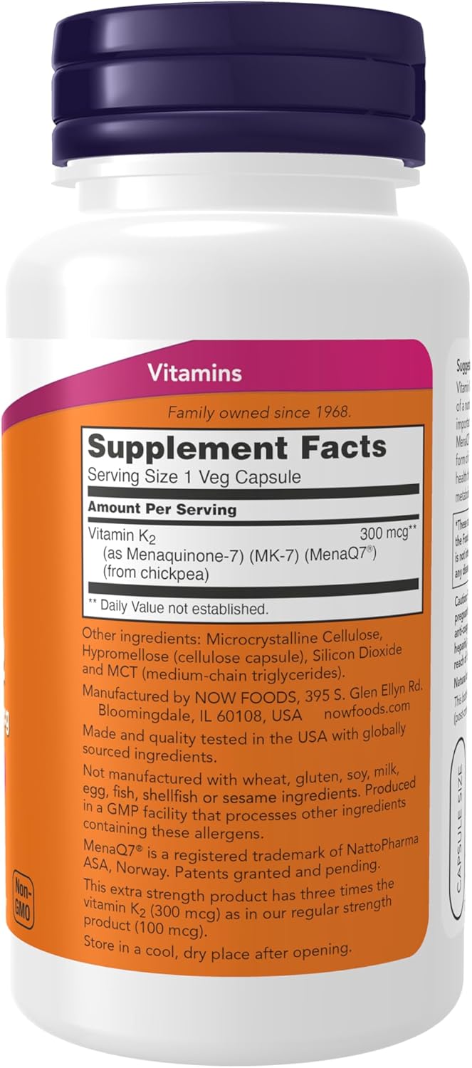 Now Foods Supplements, MK-7 Vitamin K-2 300 mcg, Cardiovascular Support*, Supports Bone Health*, 120 Veg Capsules