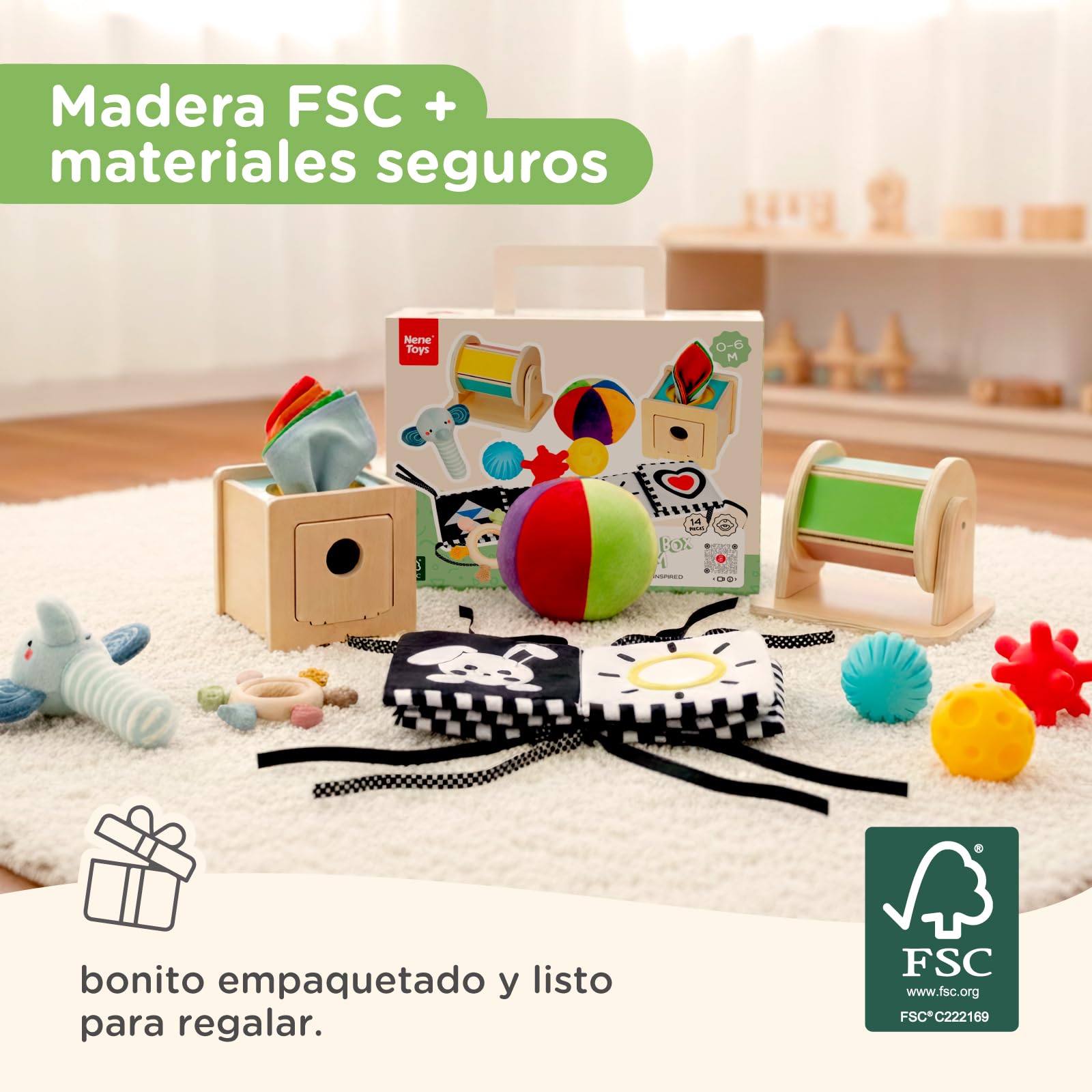 Nene Toys Juguetes Montessori Bebé 0–6 Meses – Caja Sensorial 7-en-1 con Libro Blanco y Negro, Caja Pañuelos, Tambor Madera Giratorio, Pelotas Sensoriales, Mordedor y Sonajero – Regalo Recién Nacido