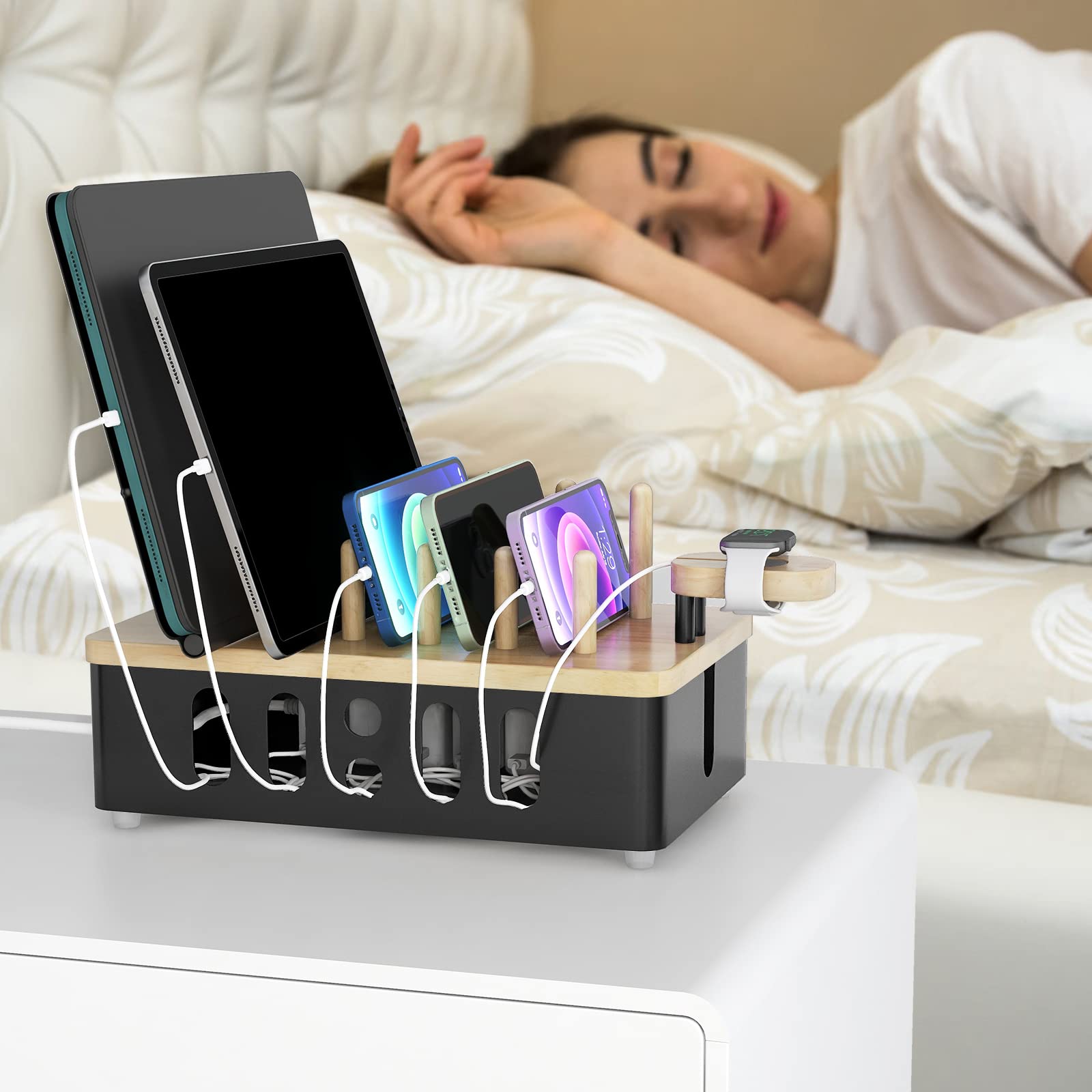 Station de charge pour plusieurs appareils, station de charge en bois pour téléphone, tablette, montre intelligente, organiseur de bureau, organiseur de station d'accueil en métal noir mat