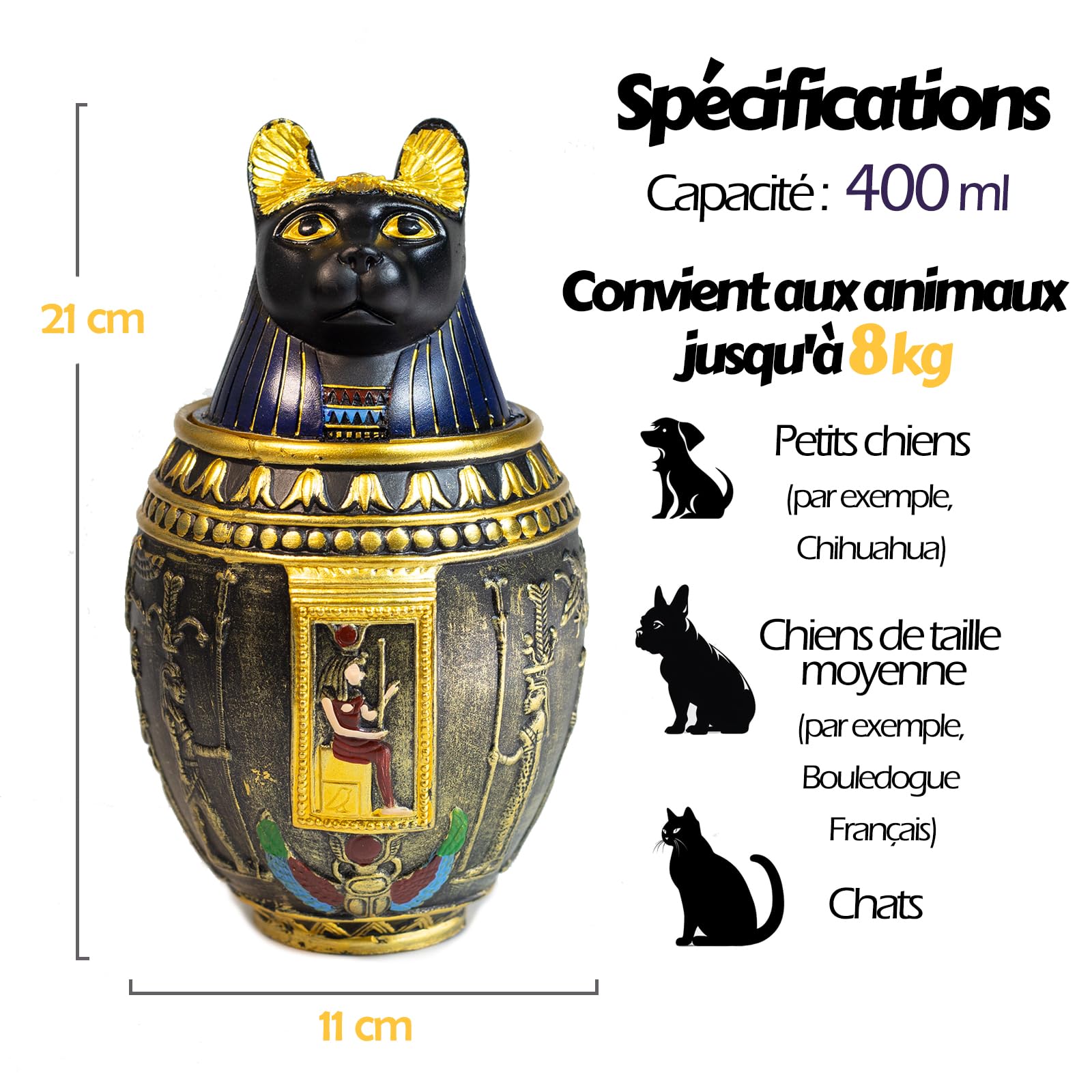 Urne funéraire décorative pour Animaux de Compagnie – Urne funéraire décorative pour Animaux de Compagnie – Ornement égyptien fabriqué à la Main pour décoration d'intérieur (Grand, Chat)