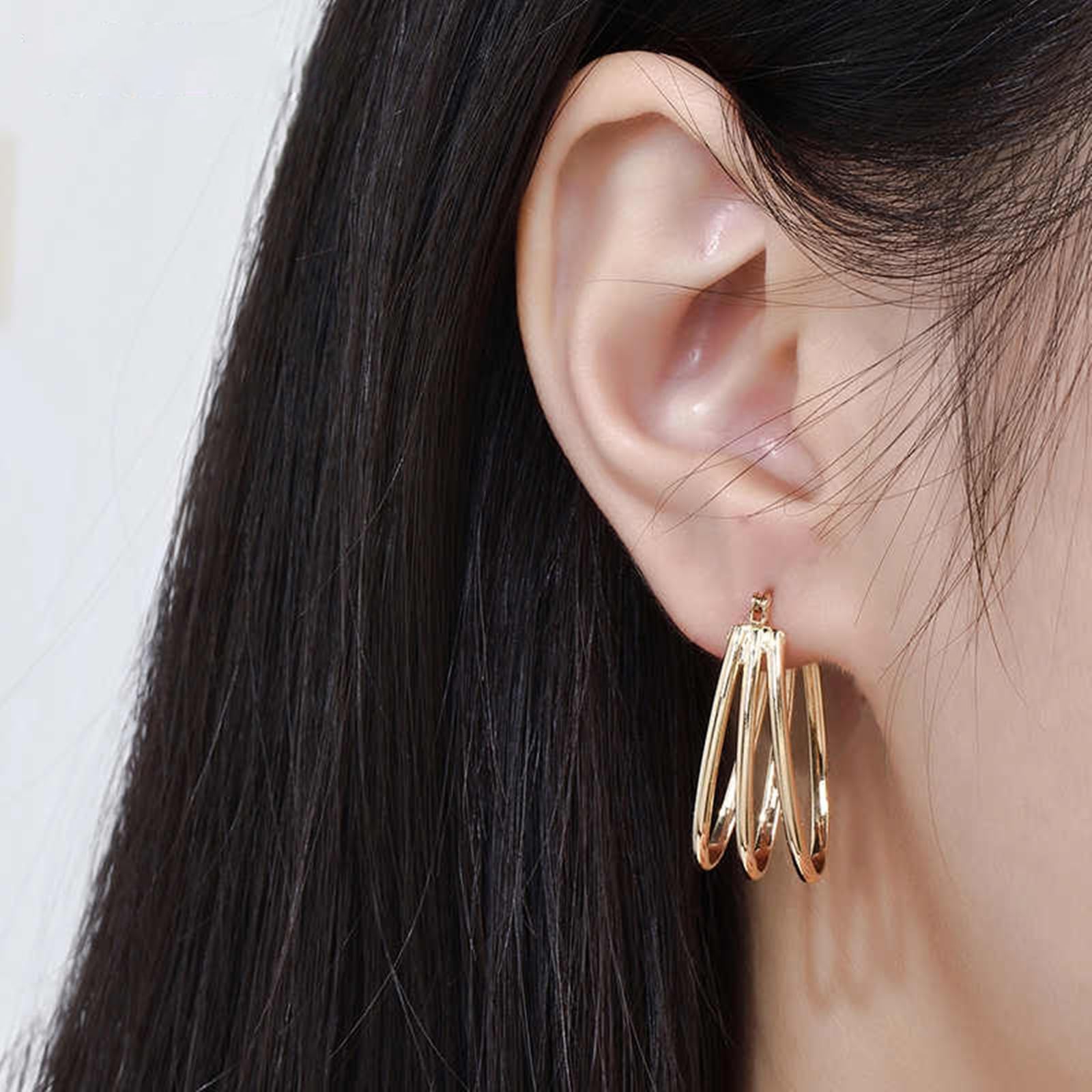 Pendientes para mujer, oro amarillo dorado, tres anillos, aretes de aro pequeños para mujer