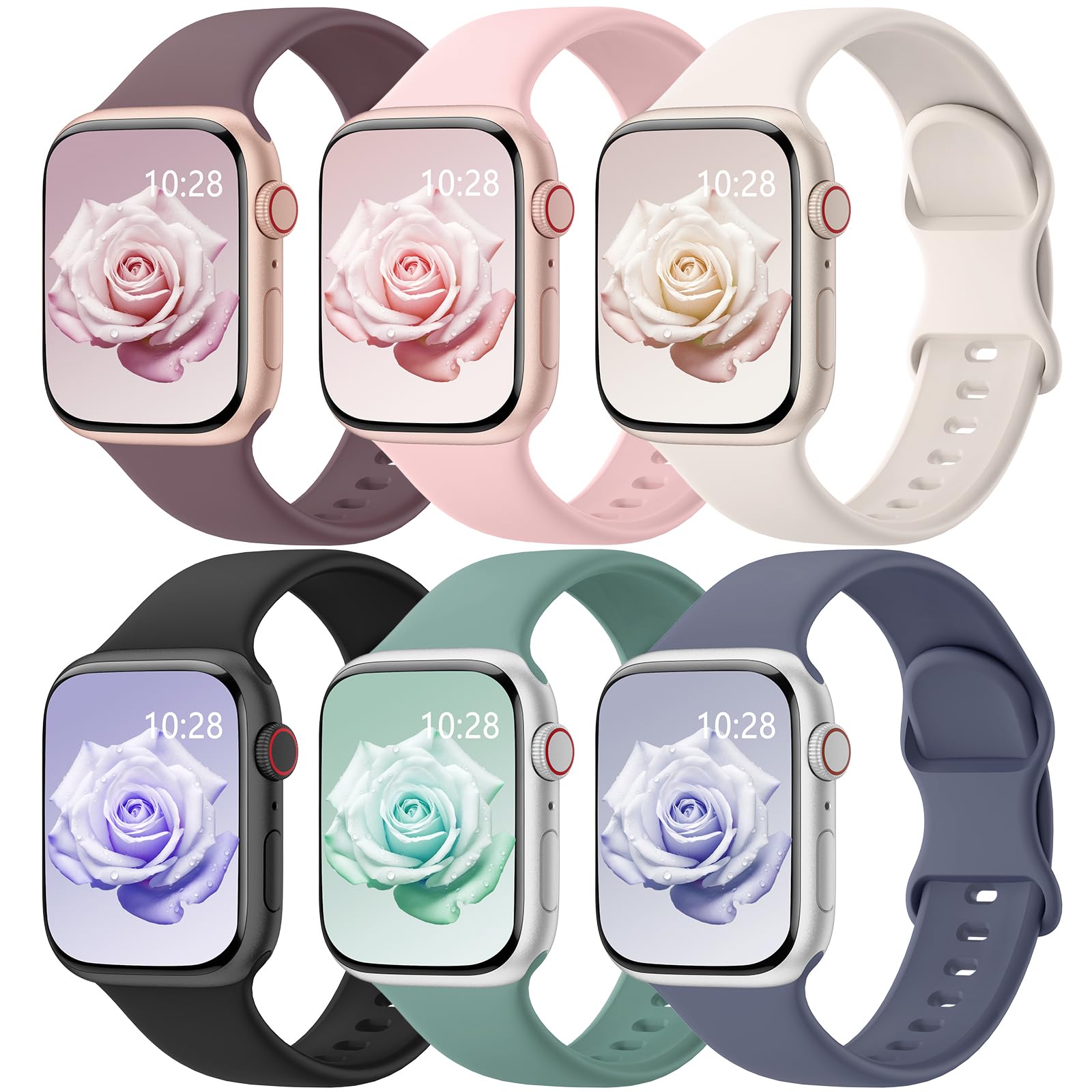6 Pack Sport Bands Compatible with Apple Watch Bands 38mm 40mm 41mm 42mm 44mm 45mm 46mm 49mm for Women Men, Soft Wristband Silicone Sport Strap for