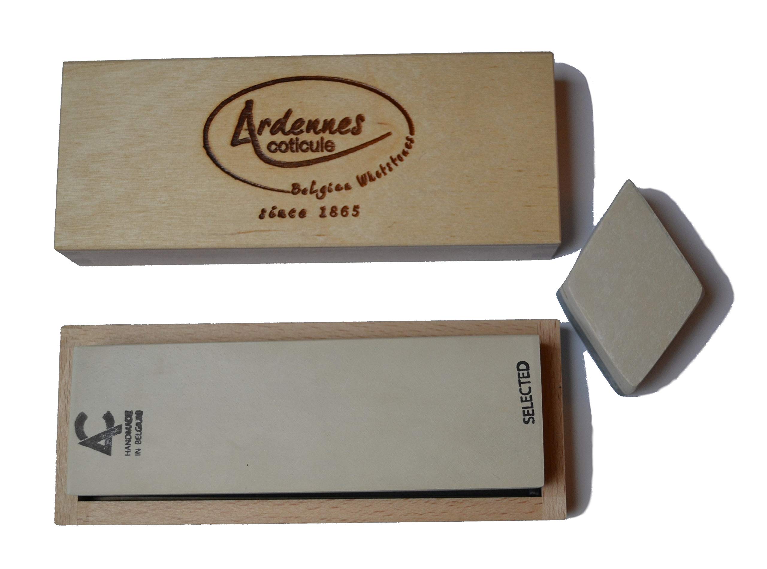 Ardennes-Coticule Whetstone Coticule premium natural sharpening stone with wooden box and slurry stone 5" x 1-1/2" (125mm x 40 mm)