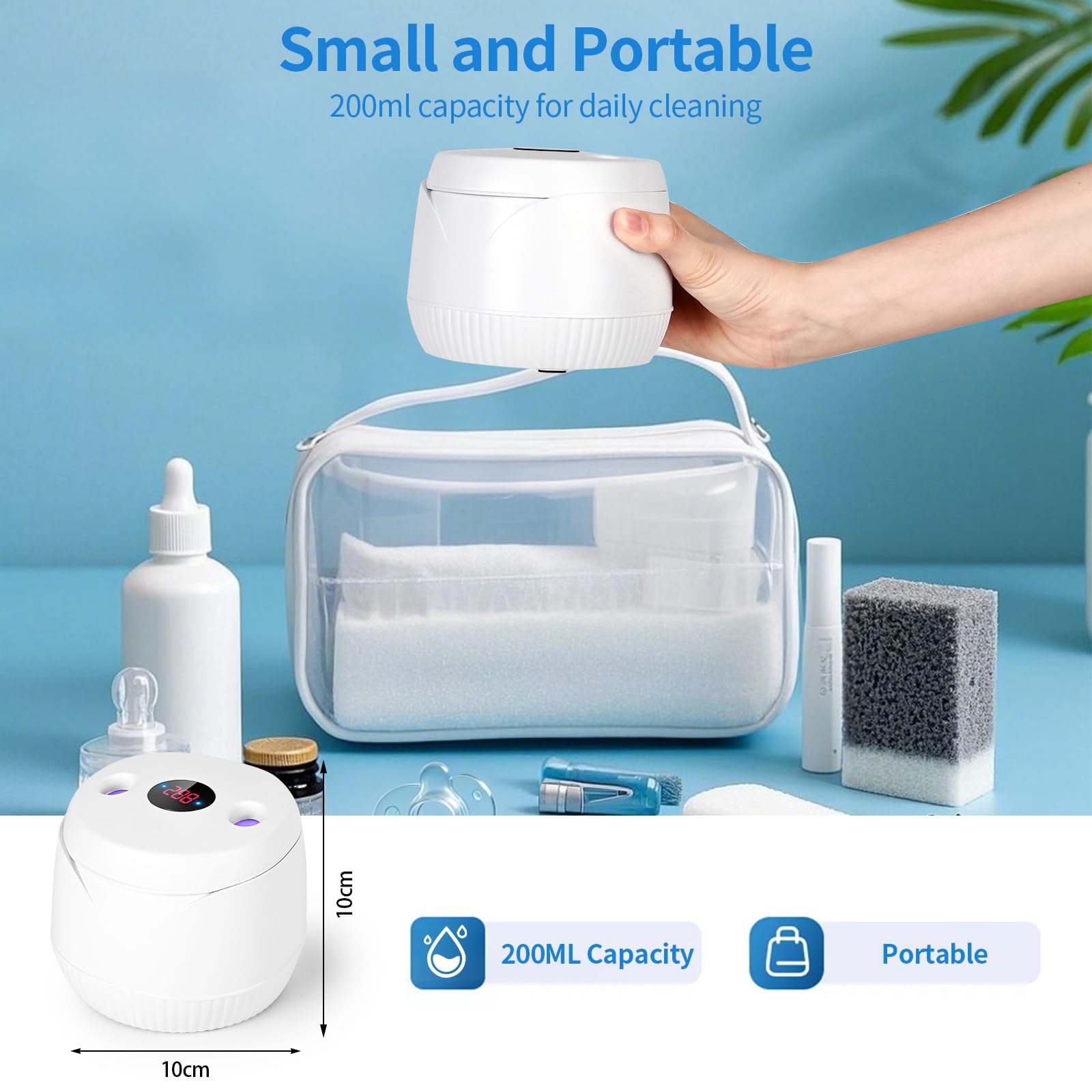 Pulitore Ultrasuoni Dentale con Luce UV, Vankarr 45000Hz 25W Portatile Dental Pod per Morsetti, Protesi, Allineatori e Ritenzioni - 4 Lampade UV-C, 200ml, Bianco