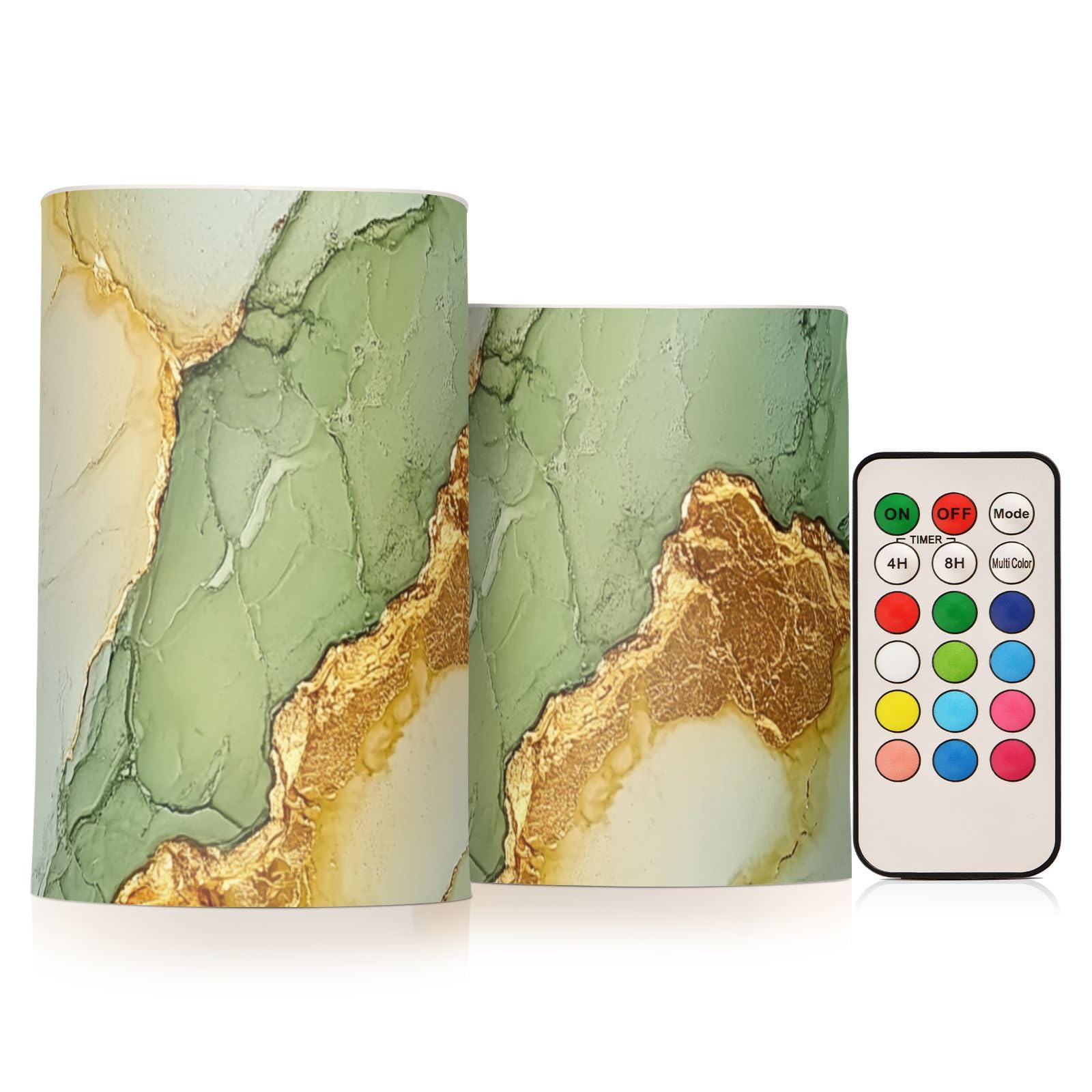 Marble Sage Green Yellow Flameless Candles Led Pillar Candles with Remote Control for Living Room 4" 5" Set of 2