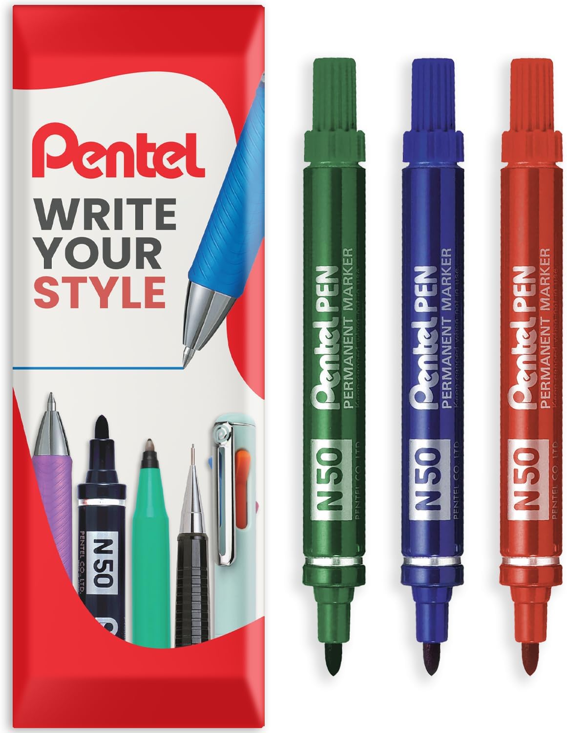Pentel N50 Fine Permanent Marker - 4.3mm Bullet Tip - Multi Surface Use - Cardboard, Metal, Wood, Plastic & Glass Marker Pens - In Pillow Packaging - Green, Blue, Red, Pack of 3