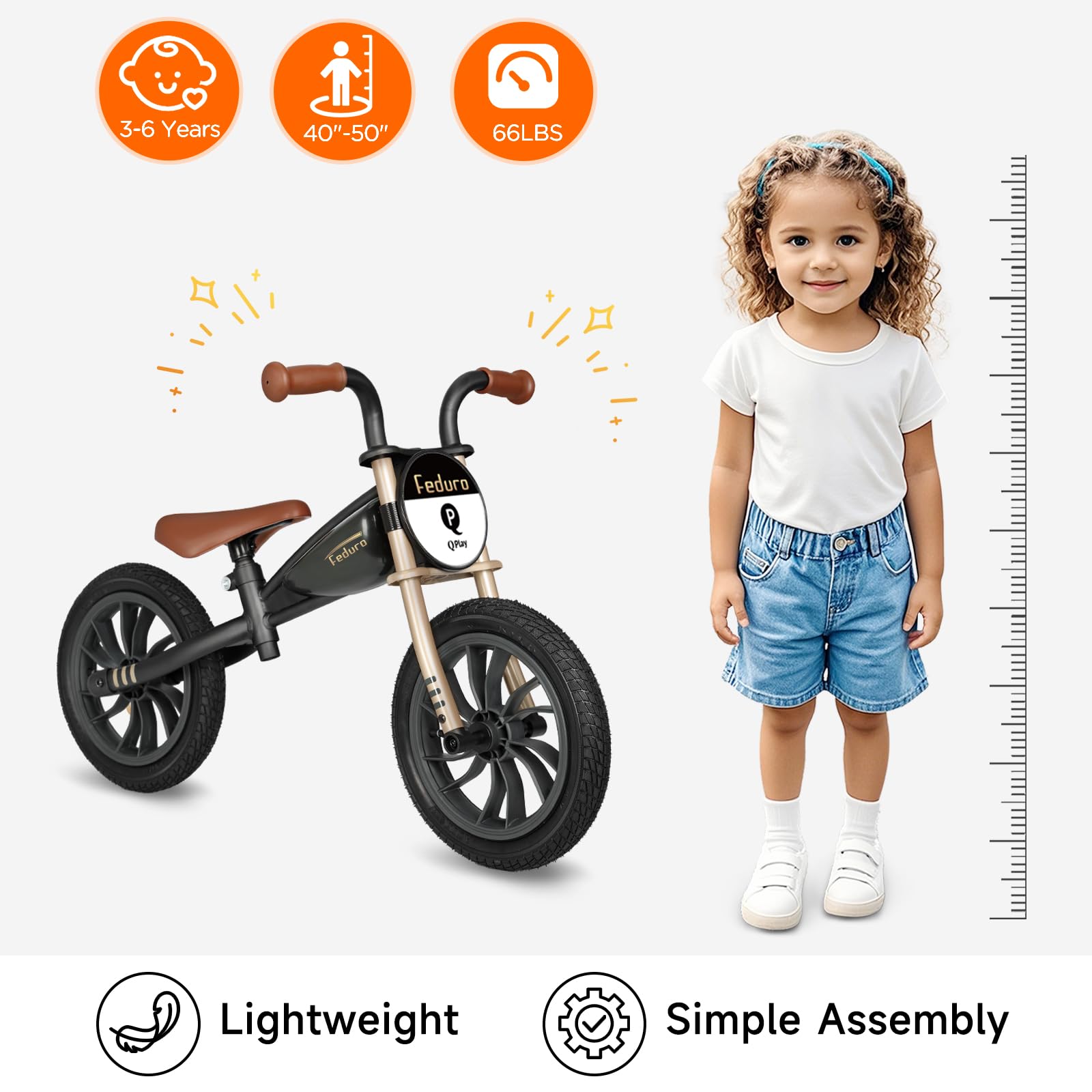 QPLAY Balance Bike Feduro Bicicletta senza pedali per bambini da 3 a 6 anni, bici d'equilibrio con sella regolabile in altezza, ruote da 12 pollici a camera d'aria all terrain, fino 30 kg