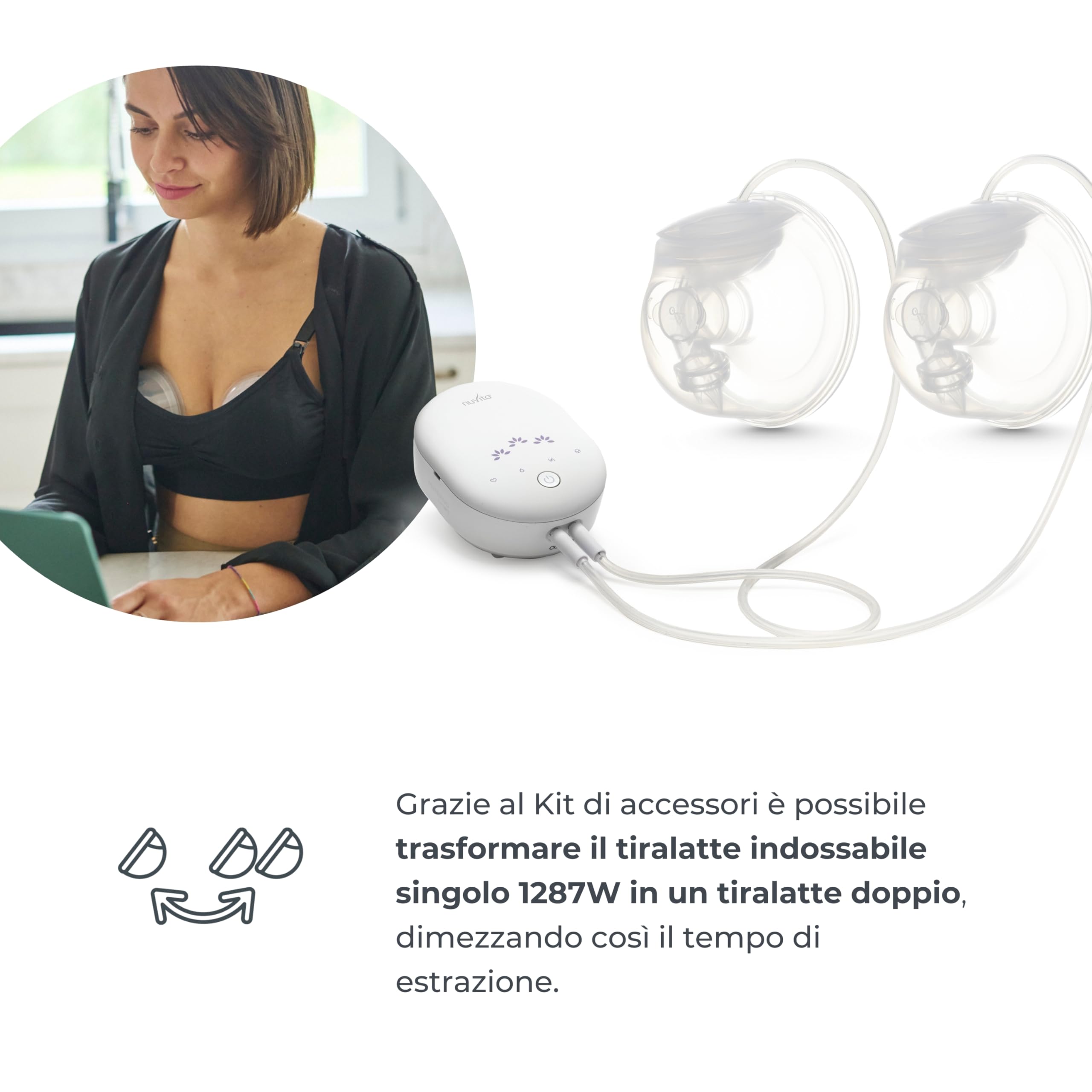 Nuvita Kit di Conversione Efficiente per Materno Smart Wear 1287W - Trasforma il Tuo Tiralatte Elettrico da Singolo a Doppio con Adattamento Regolabile e Collegamento Facile