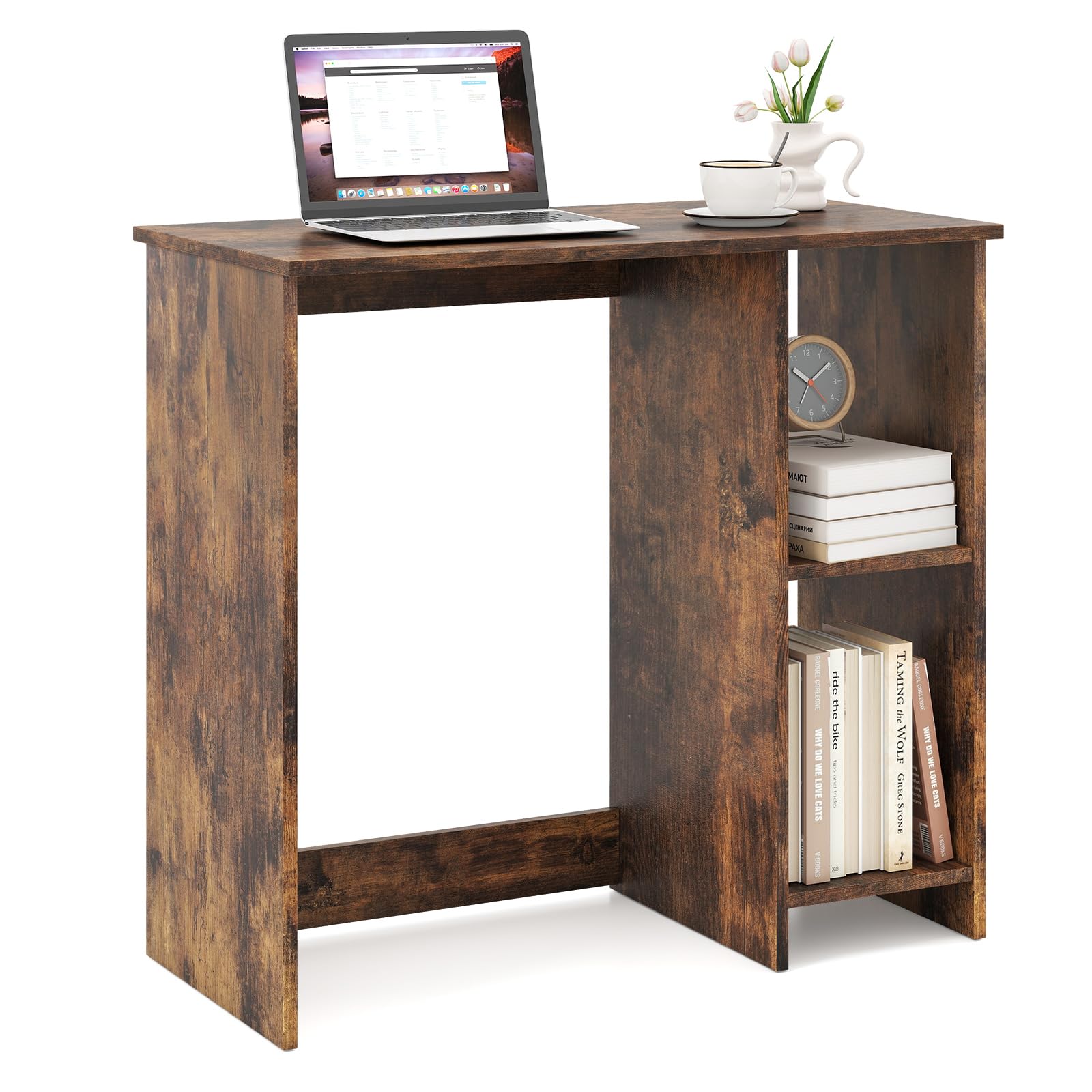 GIANTEX Escritorio de Ordenador con 2 Estantes Laterales, Mesa de Trabajo con Diseño Compacto, 80 x 40 x 74 cm, Escritorio de Madera para Oficina, Dormitorio, Estudio (Marrón)