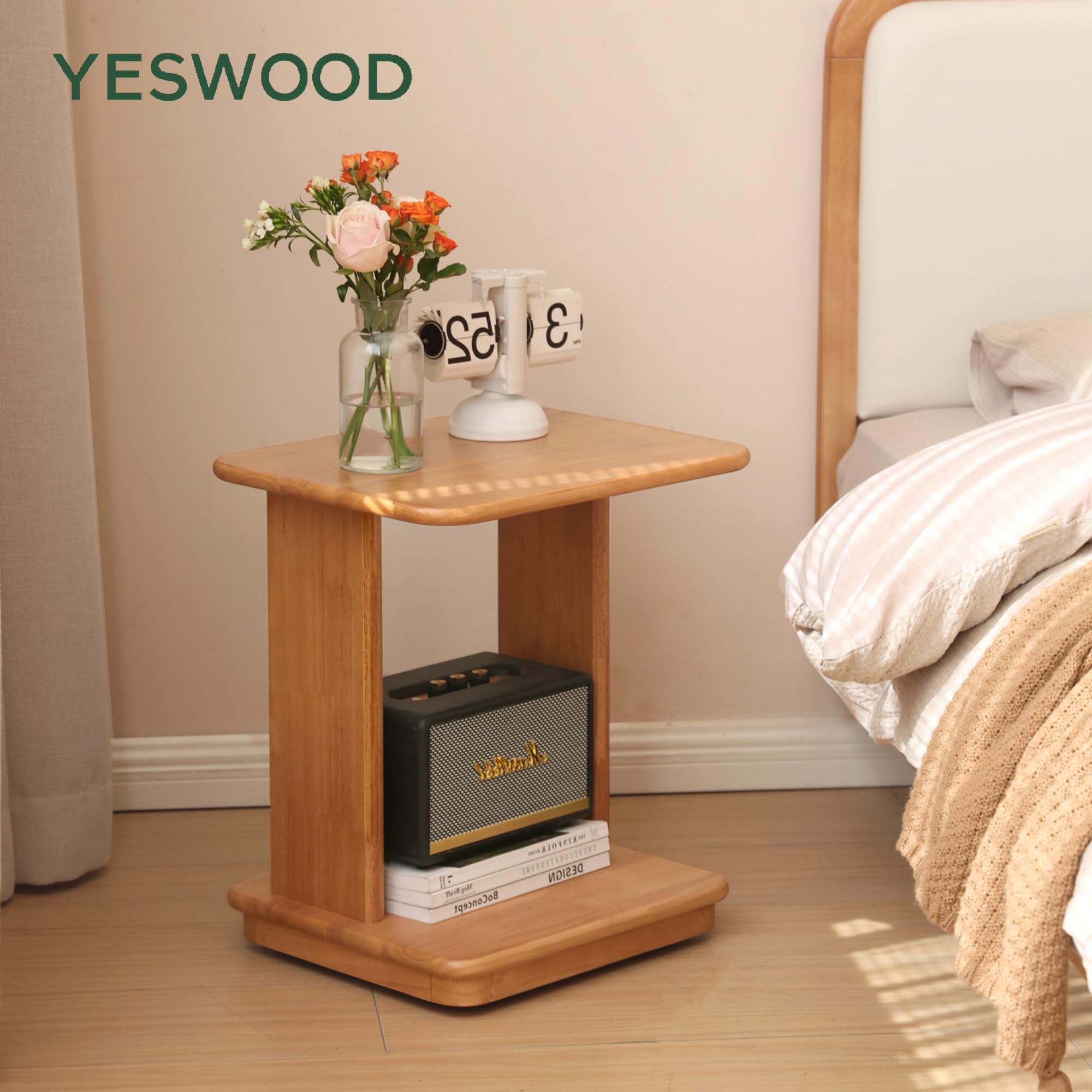 YESWOOD Beistelltisch Gummibaumholz mit Rollen 45x35x50 cm