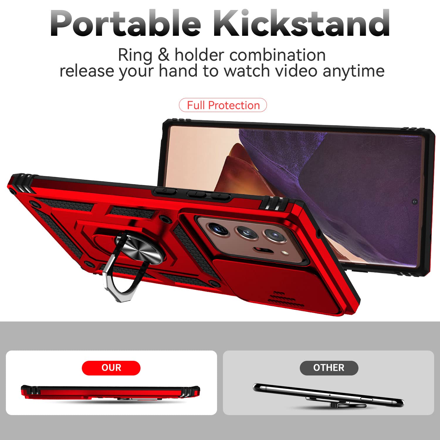 Jiyu Funda Compatible con Samsung Galaxy Note20 Ultra Carcasă Armor Militar Cubierta de Cámara Deslizante Proteger Fundas con 360 Full Protección Anillo Soporte Silicona Estuche Cover Case,Rojo — view 6