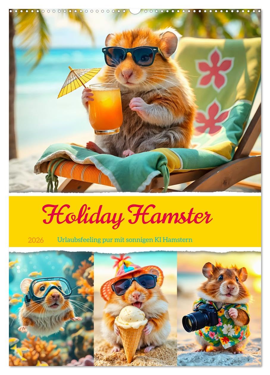 Holiday Hamster - Urlaubsfeeling pur mit sonnigen KI Hamstern (Wandkalender 2026 DIN A2 hoch), CALVENDO Monatskalender: Süße KI Hamster machen Urlaub (CALVENDO Tiere)