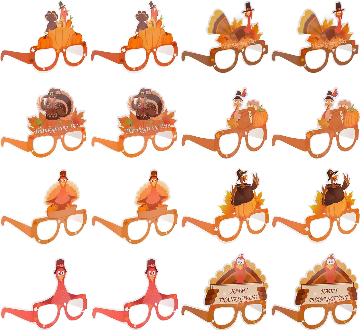 CAVETEE 16 PCS Thanksgiving Turkey Party Glasses, Novelty Thanksgiving Glasses Photo Prop for Adults, Thanksgiving Party Favors Decorations Orange