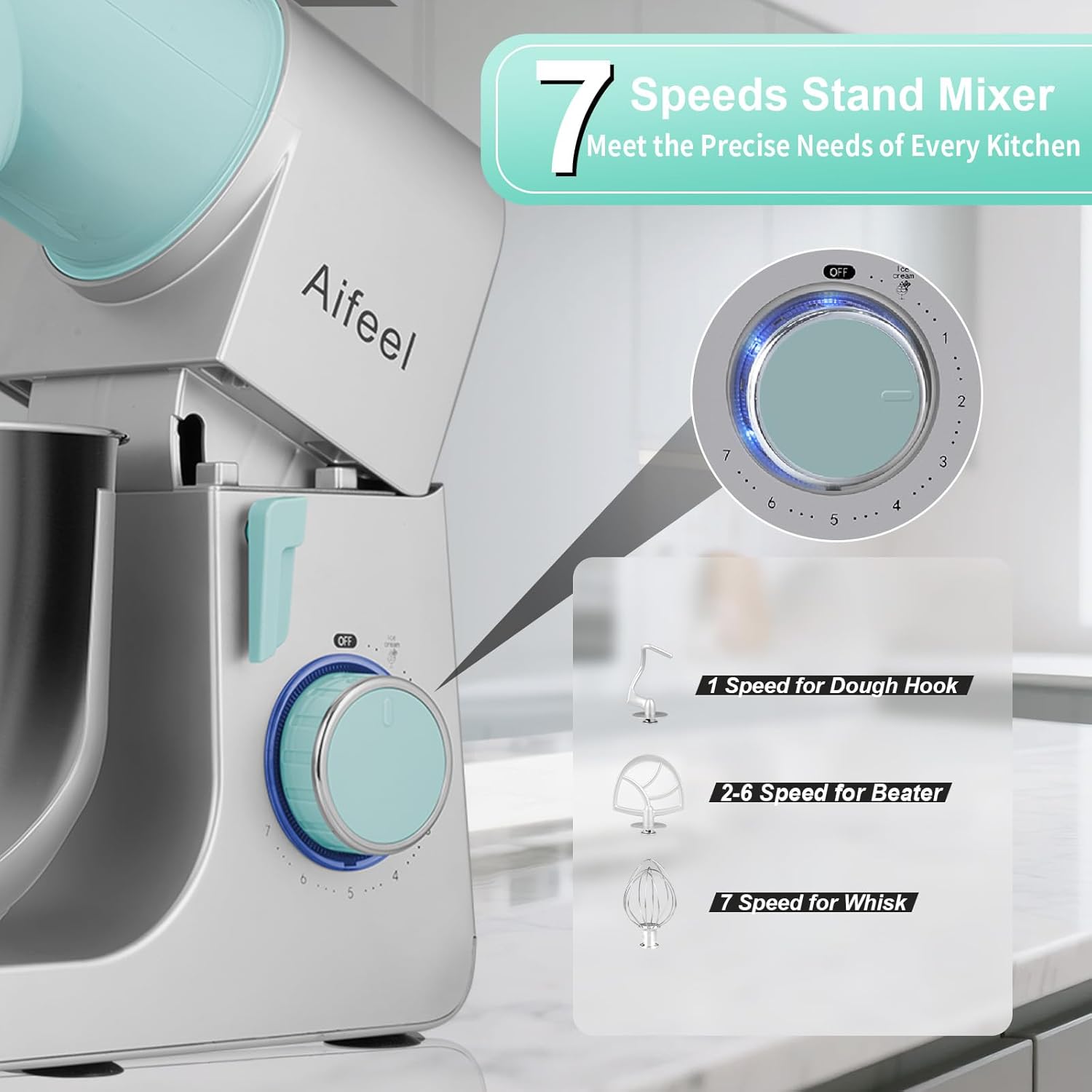 Aifeel Stand Mixer,6.5QT Tilt-Head Electric Stand Mixer,700W DC Motor with Low Noise,Kitchen Mixer with Dough Hook,Beater,Whisk,Dishwasher-Safe Attachments for Baking(Green/Silver)